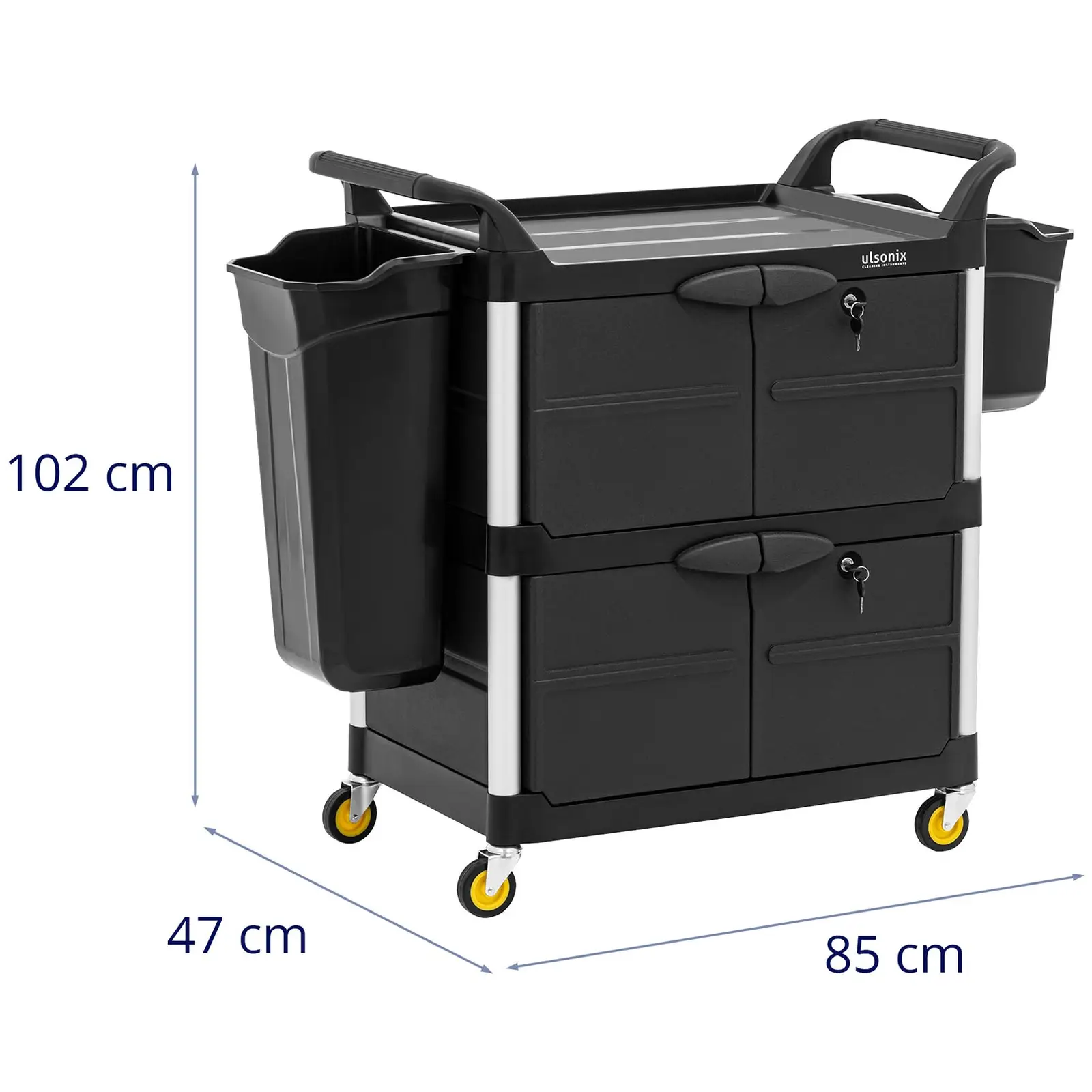 Úklidový vozík - uzamykatelný - 150 kg - 3 police (Zatížení horní police: 50 kg)
