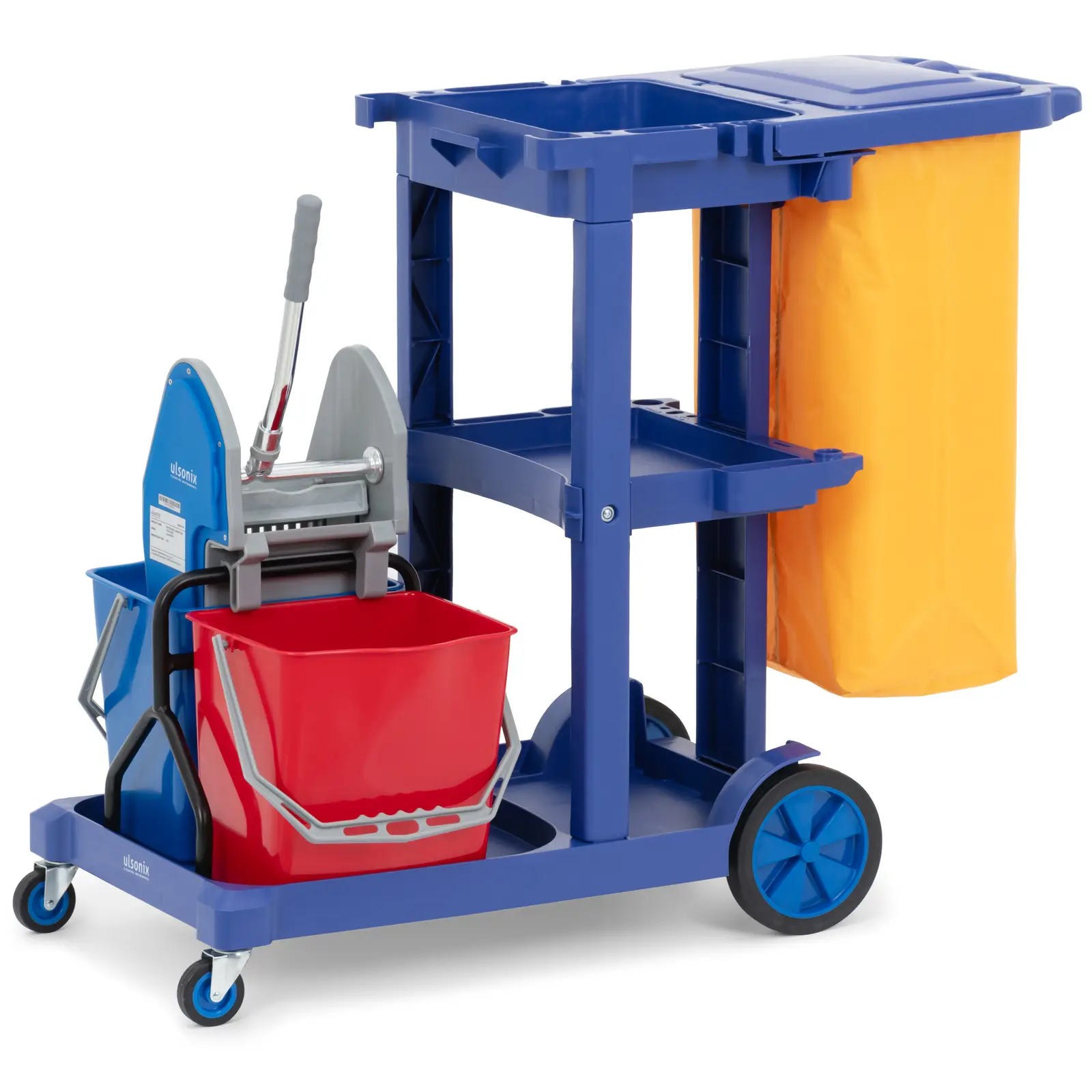 Cleaning Trolley - with 2 buckets, press and laundry bag - 3 shelves - up to 200 kg