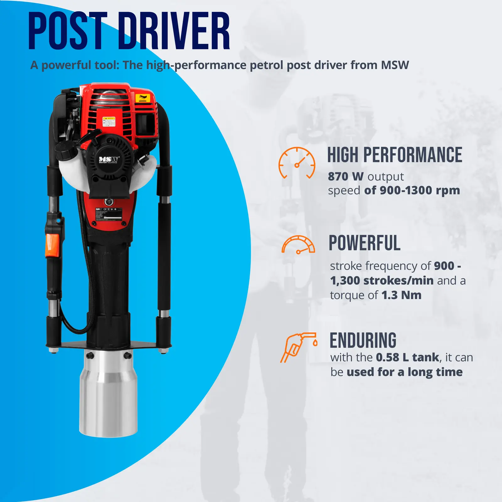 Pfahlramme Benzin - Durchmesser max. 120 mm - 870 W - 1,3 Nm / 5500 U/min - 25-50 J