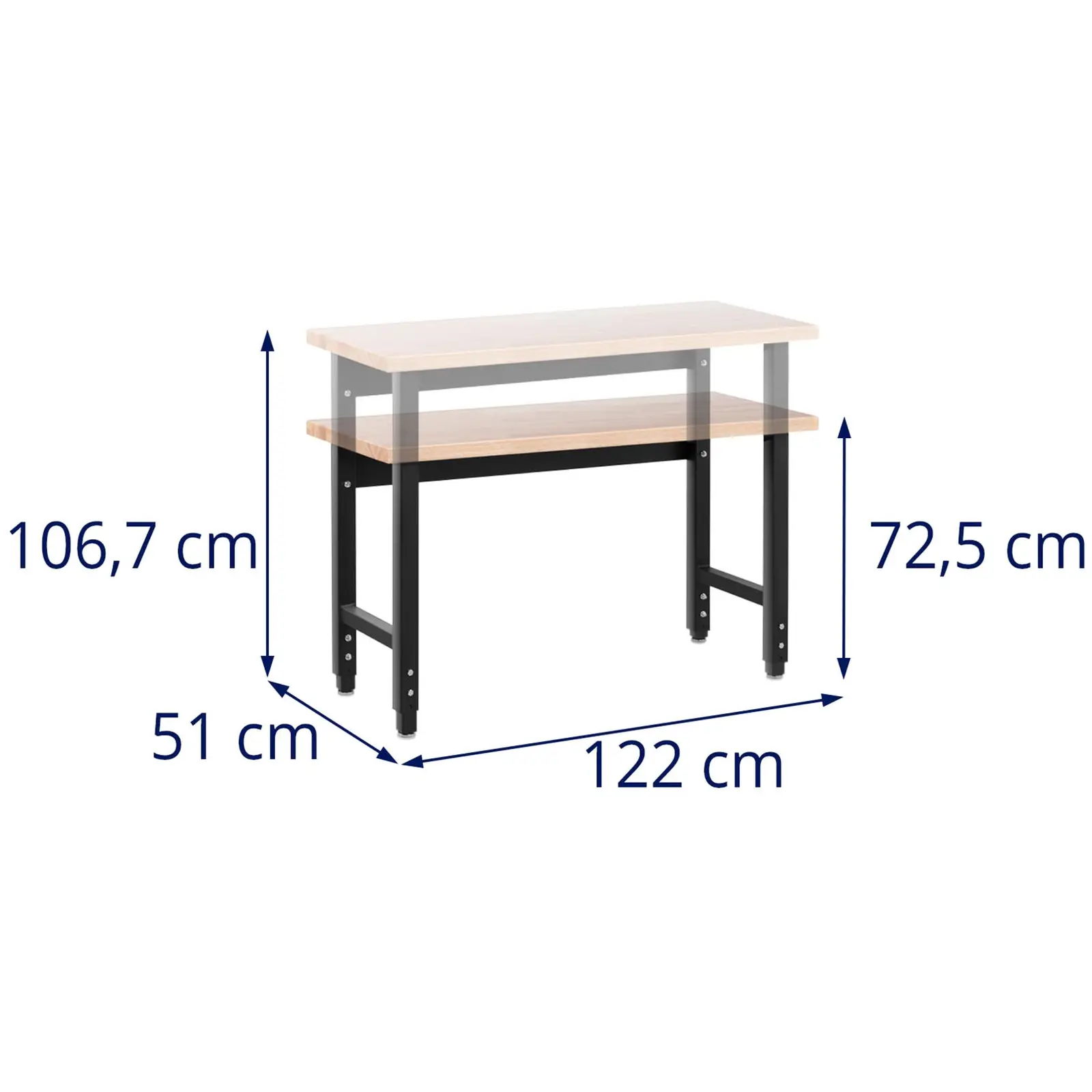 Dílenský pracovní stůl - 122 x 51 cm - výškově nastavitelný v rozmezí 72,5–106,7 cm - 680 kg