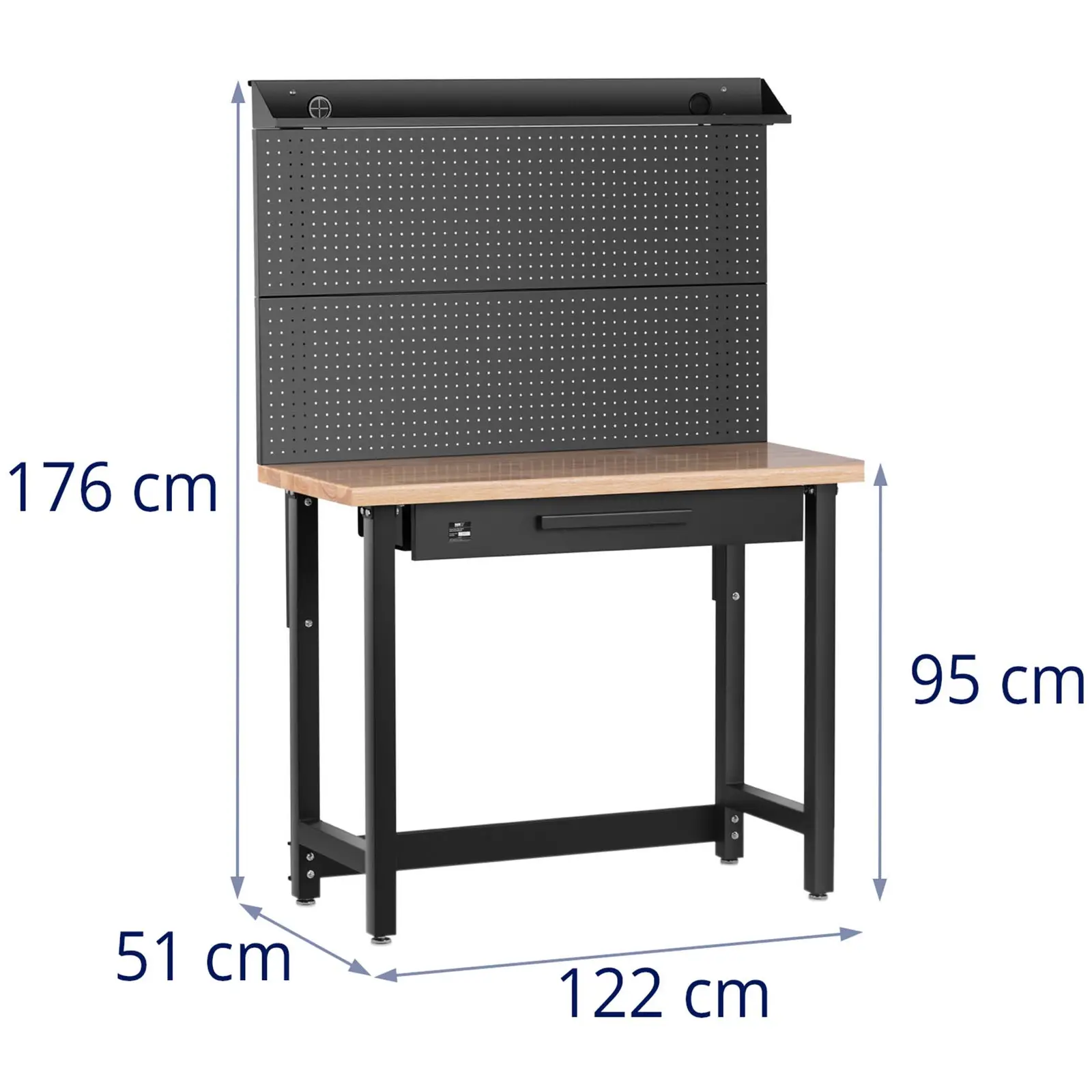 Dílenský pracovní stůl - 155 x 51 cm - výškově nastavitelný v rozmezí 95–176 cm - 227 kg - se zásuvkou a perforovanou stěnou