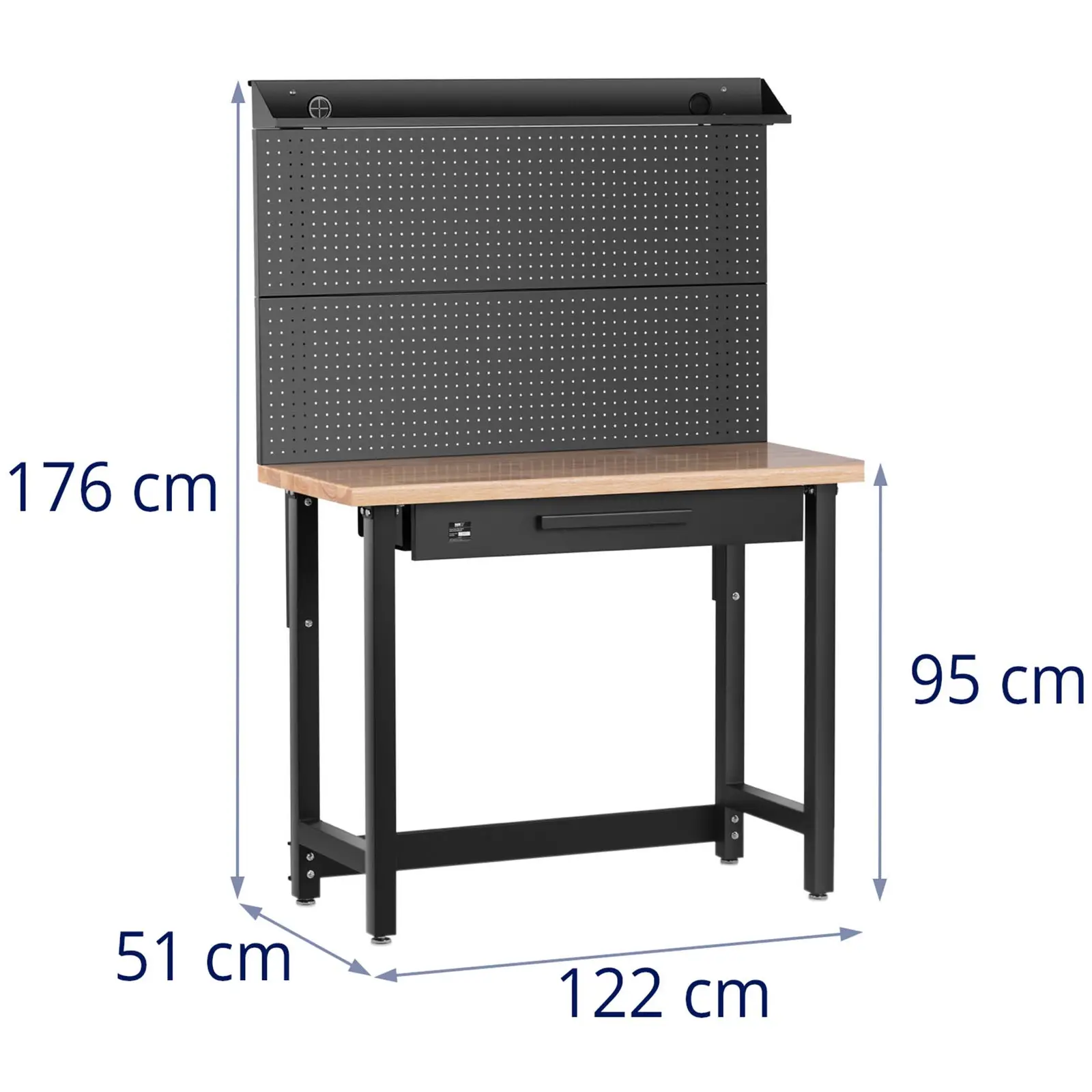 Bancada de trabalho - 155 x 51 cm - altura ajustável 95-176 cm - 227 kg - com gaveta e painel perfurado