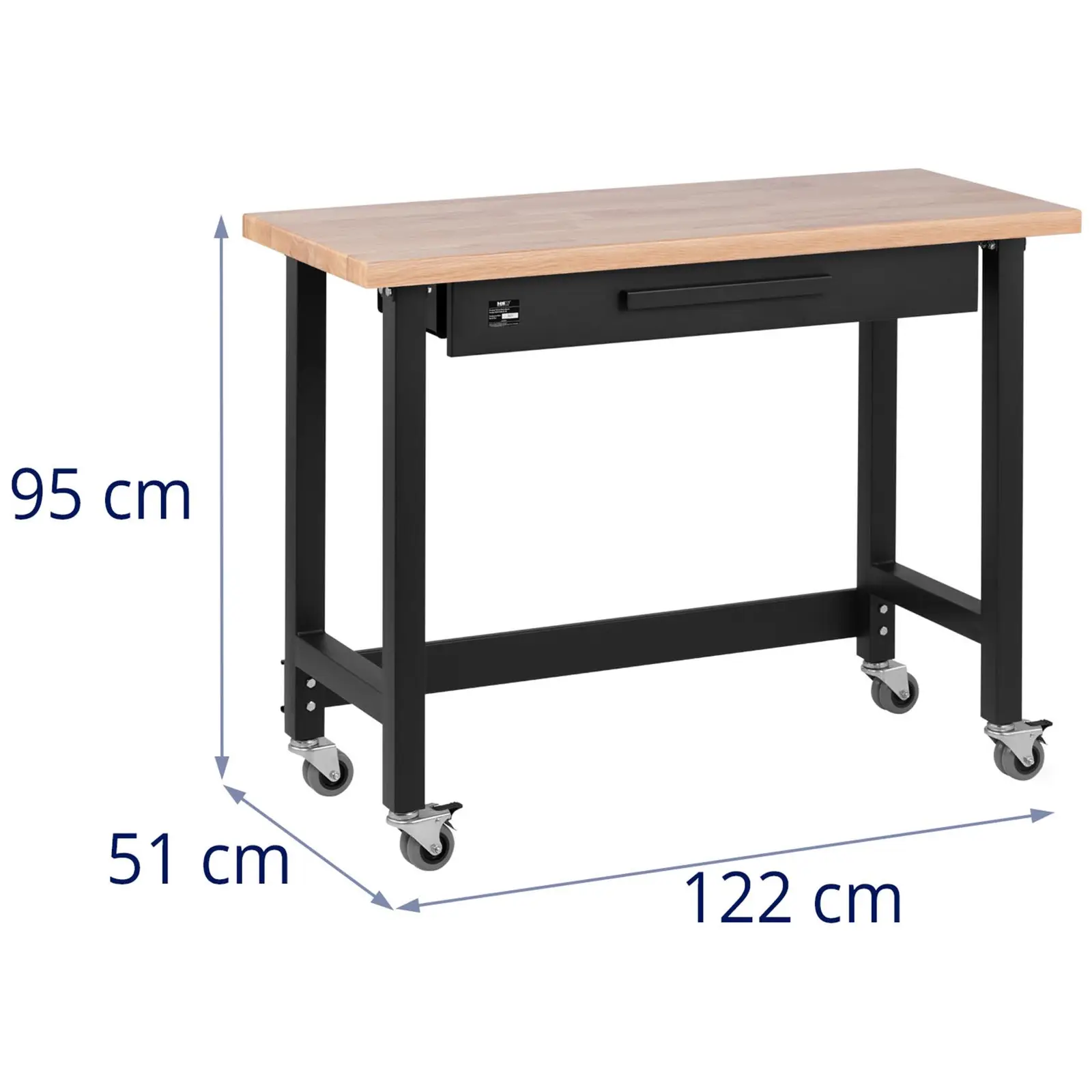 Værkstedsbord med hjul - 122 x 51 cm - højde 95 cm - 227 kg - med skuffe