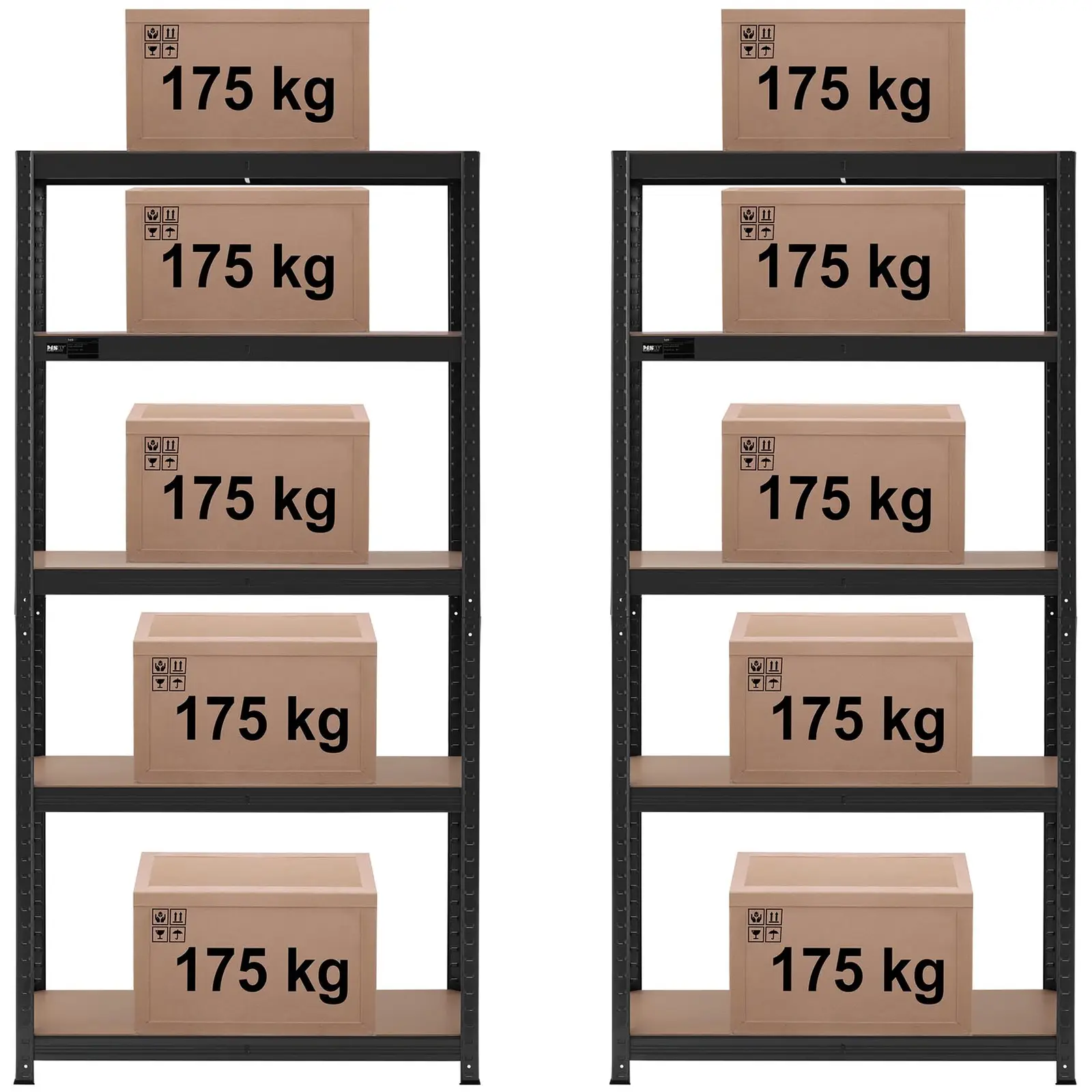 Nagy teherbírású polc - 90 x 40 x 180 cm - 5 x 175 kg - Fekete - 2 db