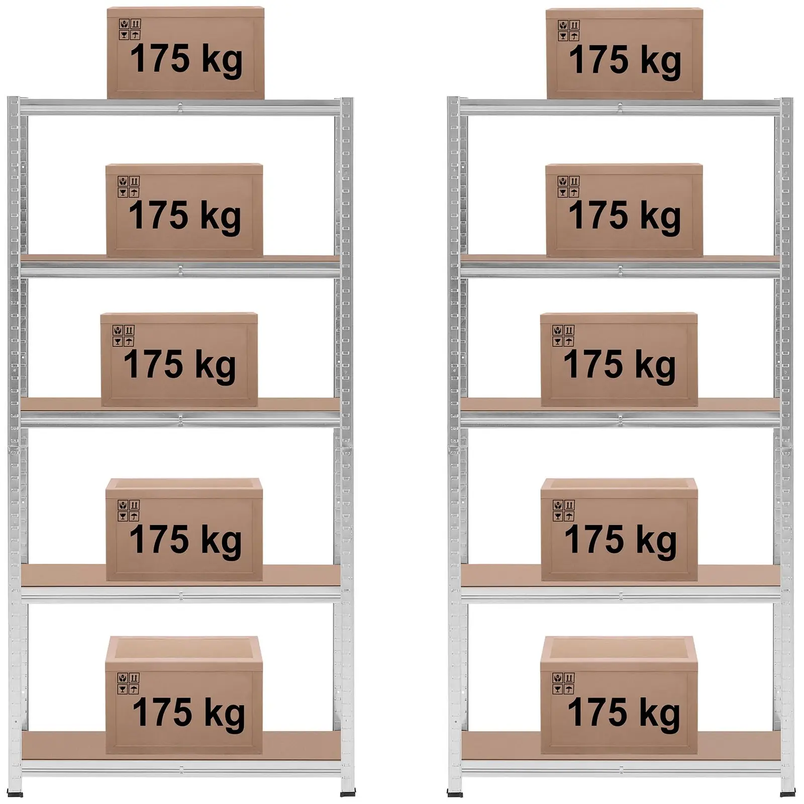 Zátěžový regál - 90 x 30 x 180 cm - pro 5 x 175 kg - šedý - 2 ks (Materiál: Pozinkovaná ocel)