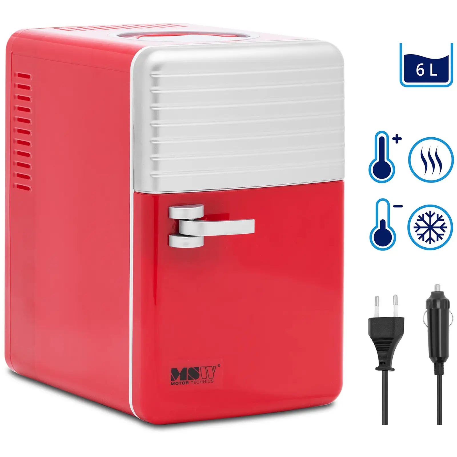Minikjøleskap 12 V / 230 V - 2-i-1 apparat med holde-varm funksjon - 6 L - Rød/sølv