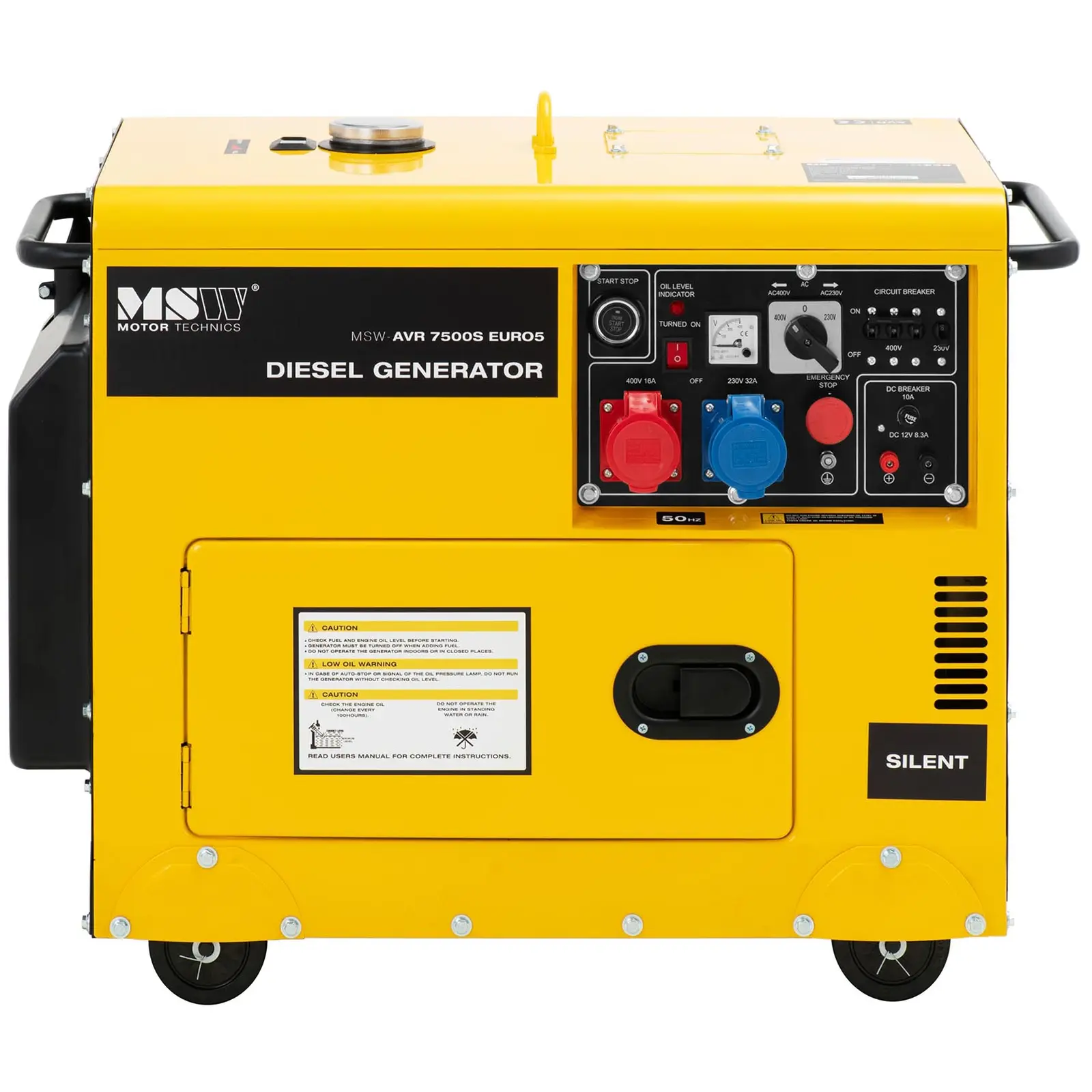 Occasion Groupe électrogène diesel - 6370 / 7500 W - 16 L - 230/400 V - mobile - AVR - Euro 5 (Puissance nominale de sortie CC: 99.6 W)