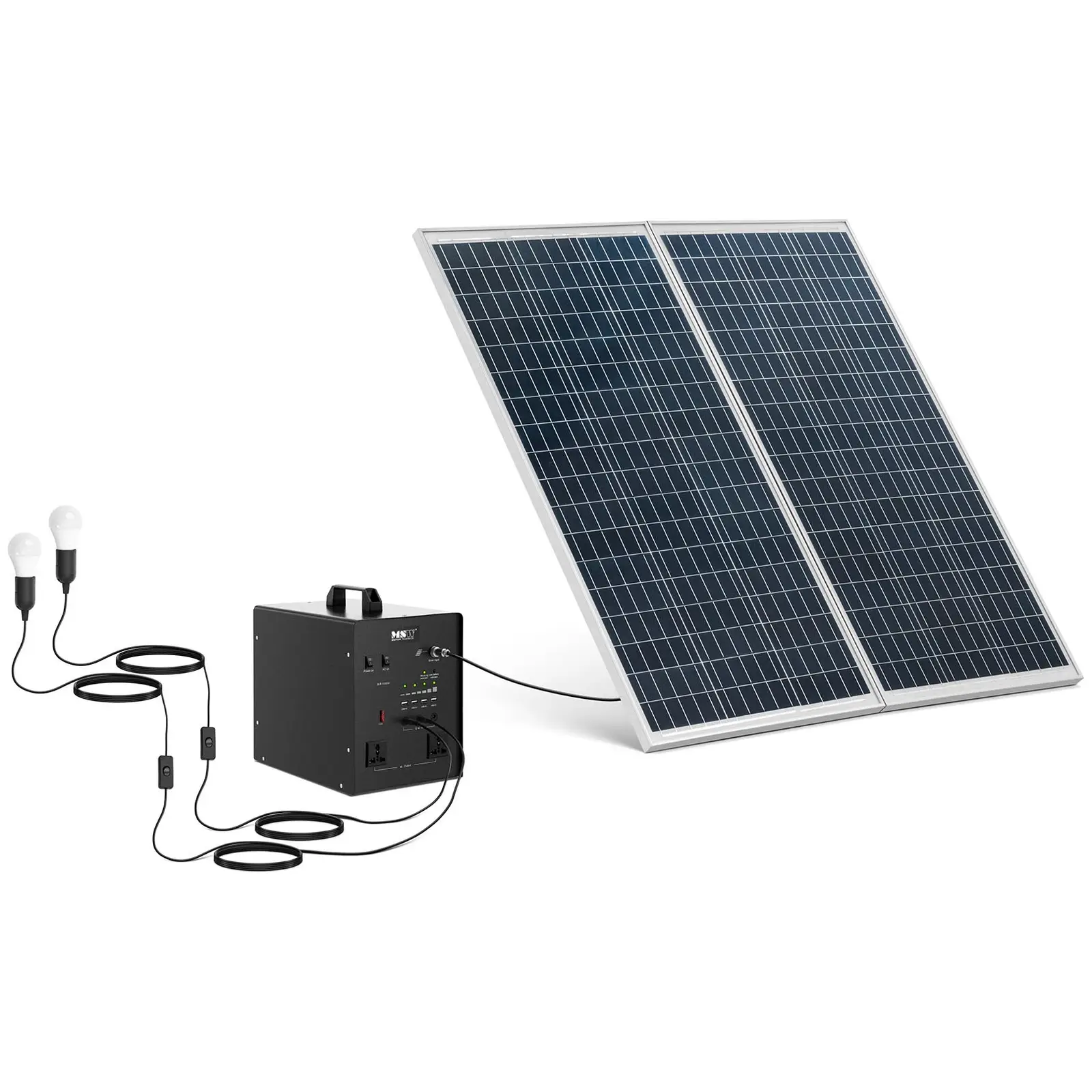 Sistema de energía solar portátil con panel e inversor - 1000 W - 5 / 12 /230 V - 2 luces LED