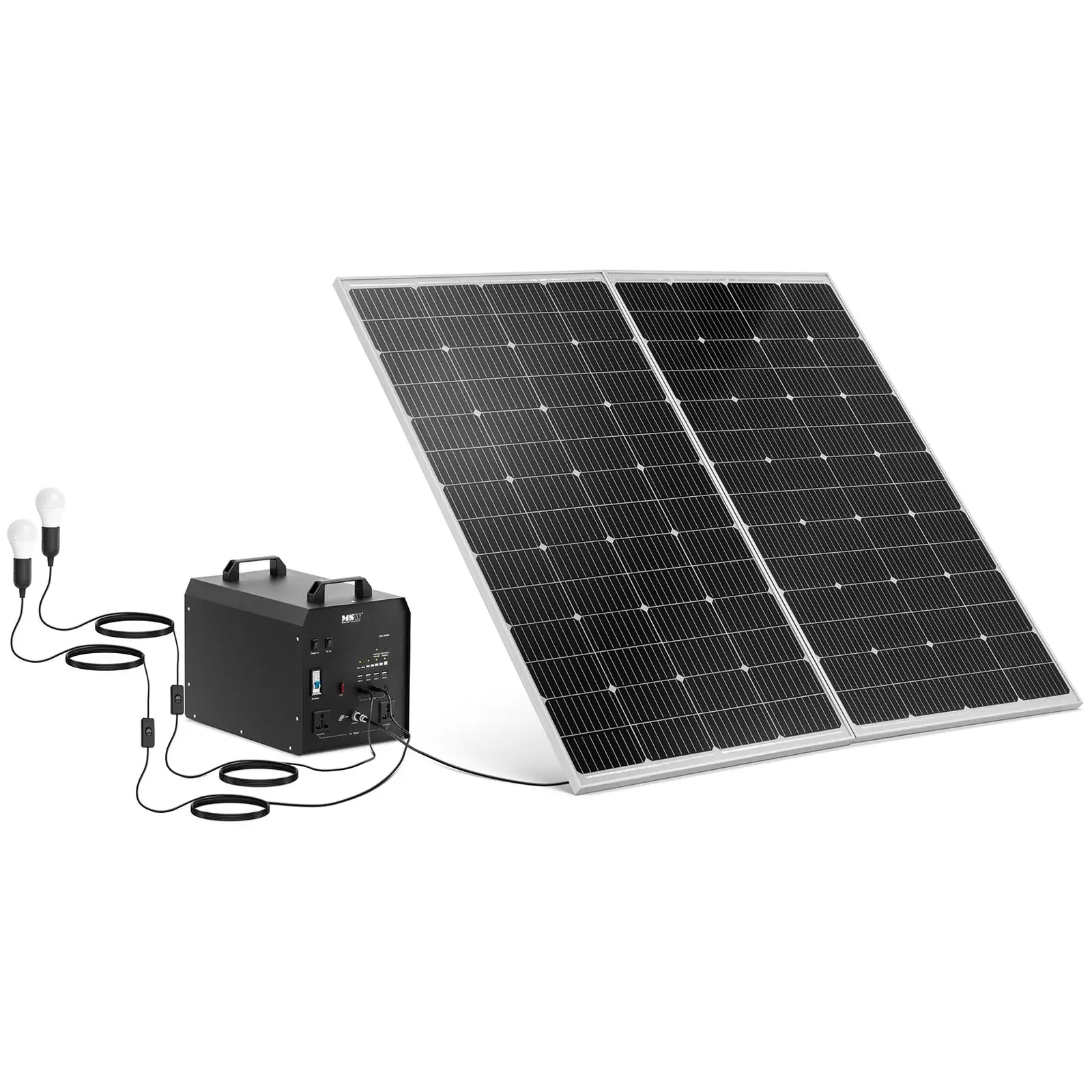 Sistema de energía solar portátil con panel e inversor - 1800 W - 5 / 12 /230 V - 2 luces LED