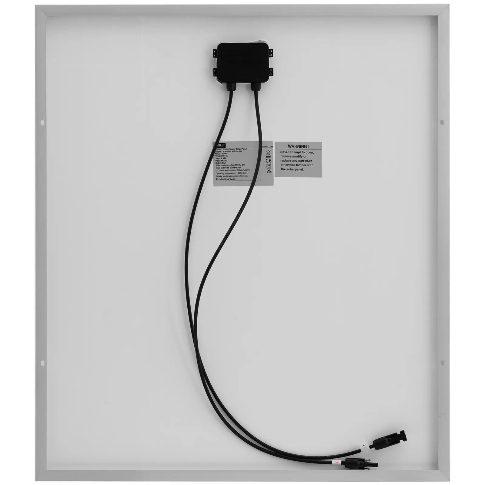 Panneau solaire monocristallin - 100 W - 22.46 V - avec diode By-pass (Tension à vide: 22.46 V)