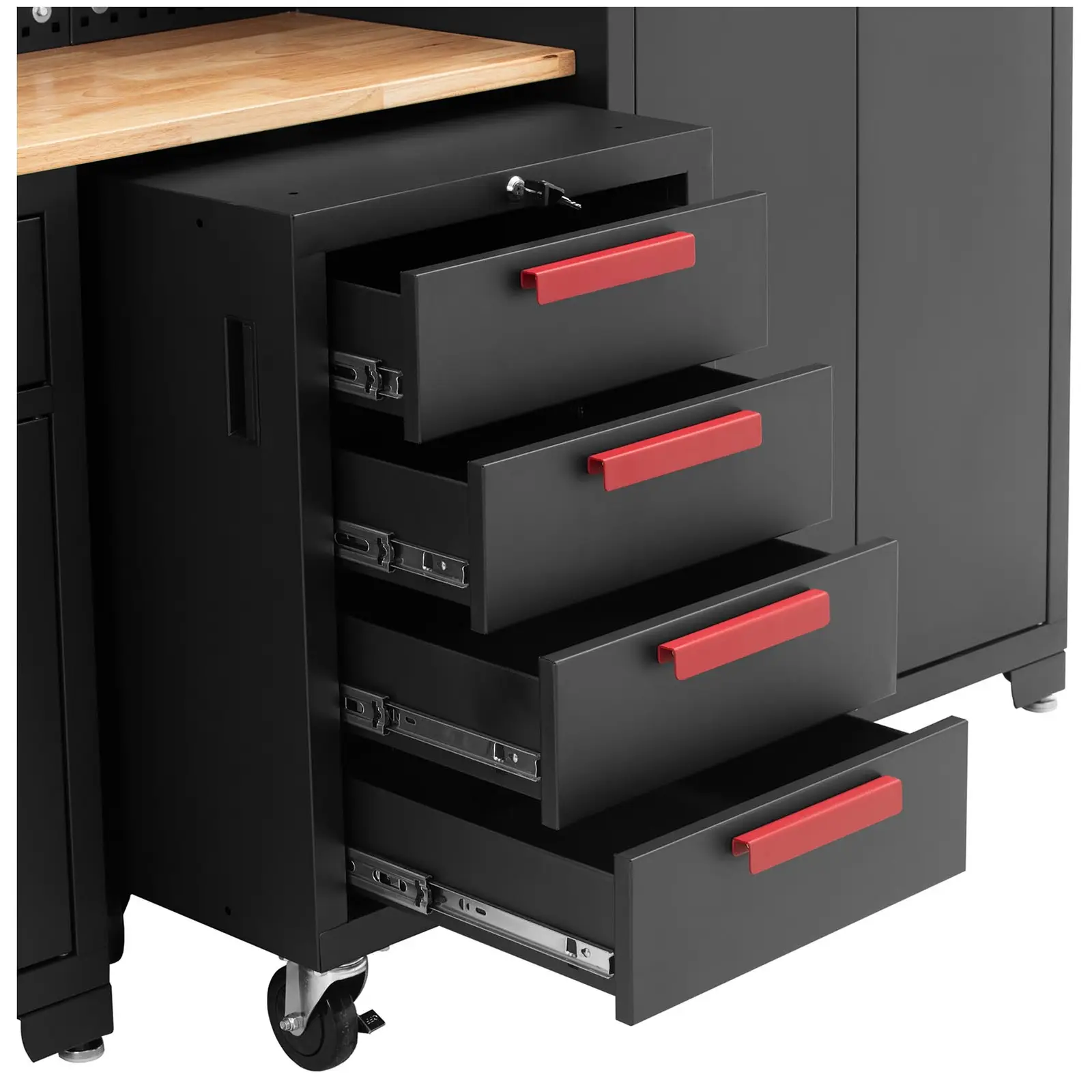 Armadietto officina - Componibile - Piano di lavoro 132 x 42,7 x 2,5 cm - Parete forata - Roll container - Con serratura