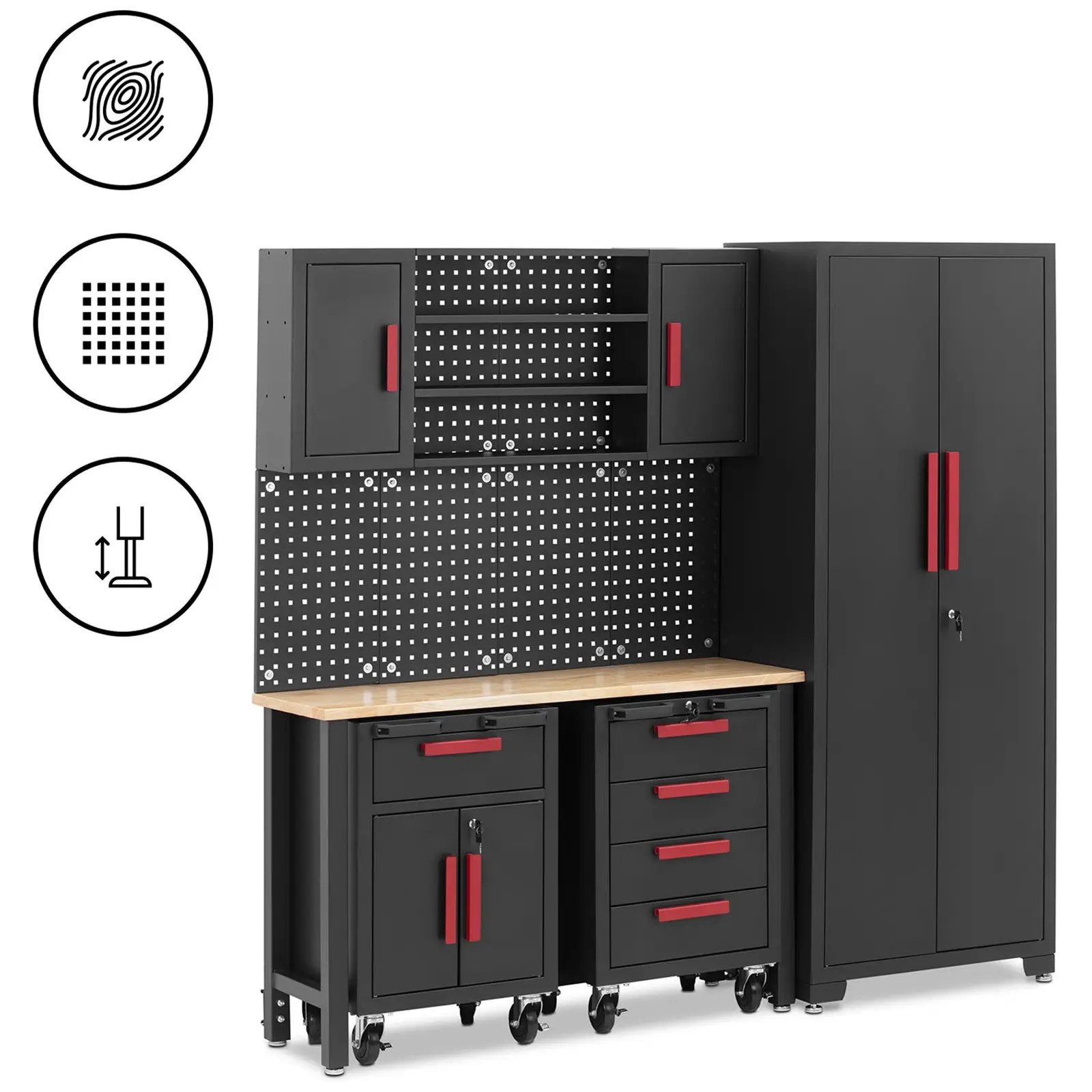 Шкаф за инструменти - модулен - 132 x 42,7 x 2,5 см отгоре - перфорирана стена - 2 ролкови контейнера - заключващ се