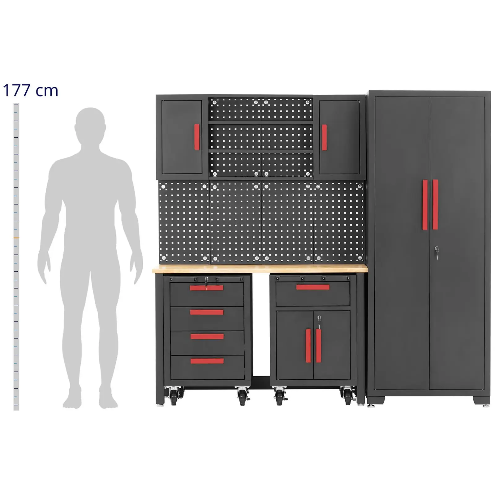 Armoire de garage - modulable - plan de travail de 132 x 42,7 x 2,5 cm - paroi perforée - 2 chariots à roulettes - verrouillable (Roues: Oui)