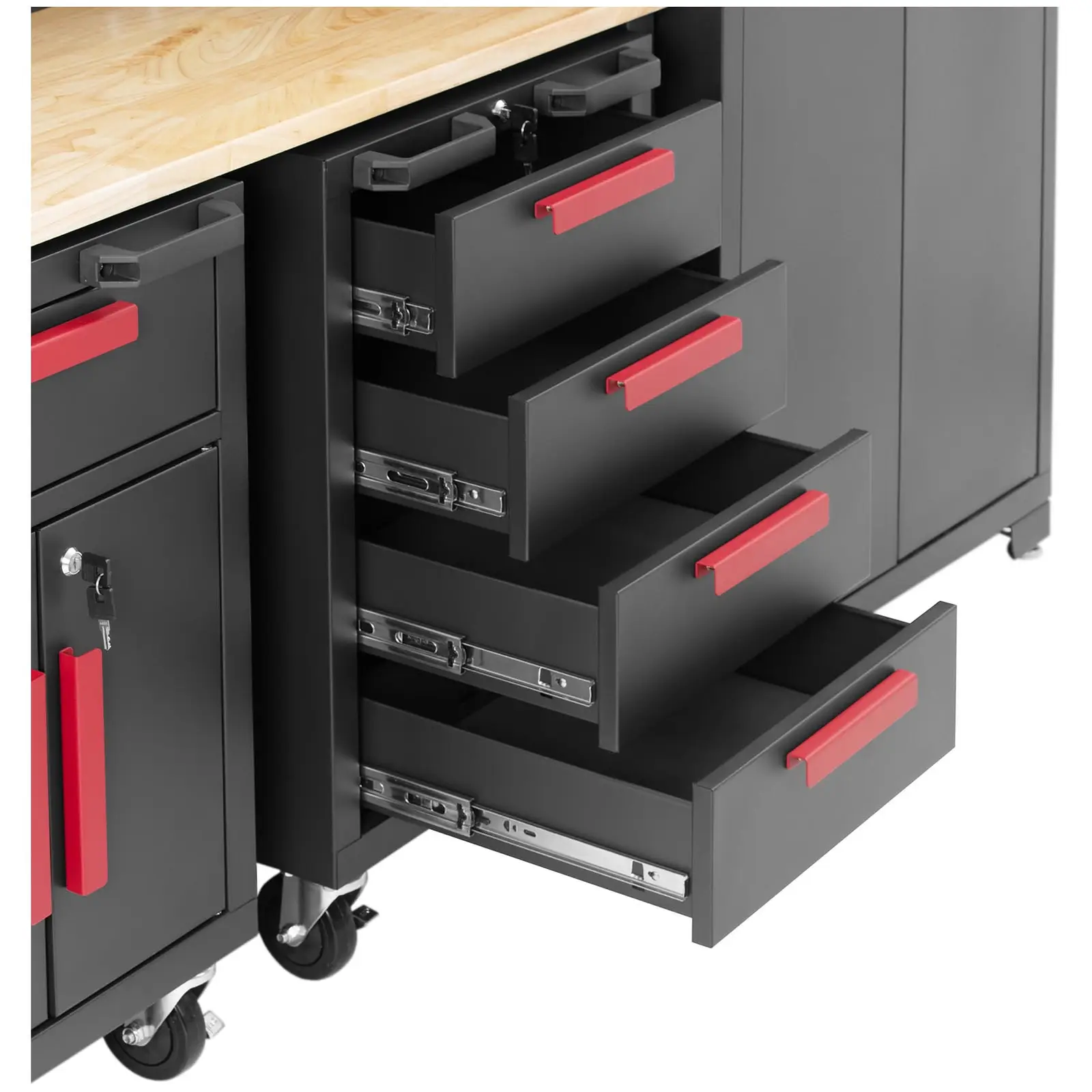 Armoire de garage - modulable - plan de travail de 132 x 42,7 x 2,5 cm - paroi perforée - 2 chariots à roulettes - verrouillable (Freins au niveau des roues: Oui)
