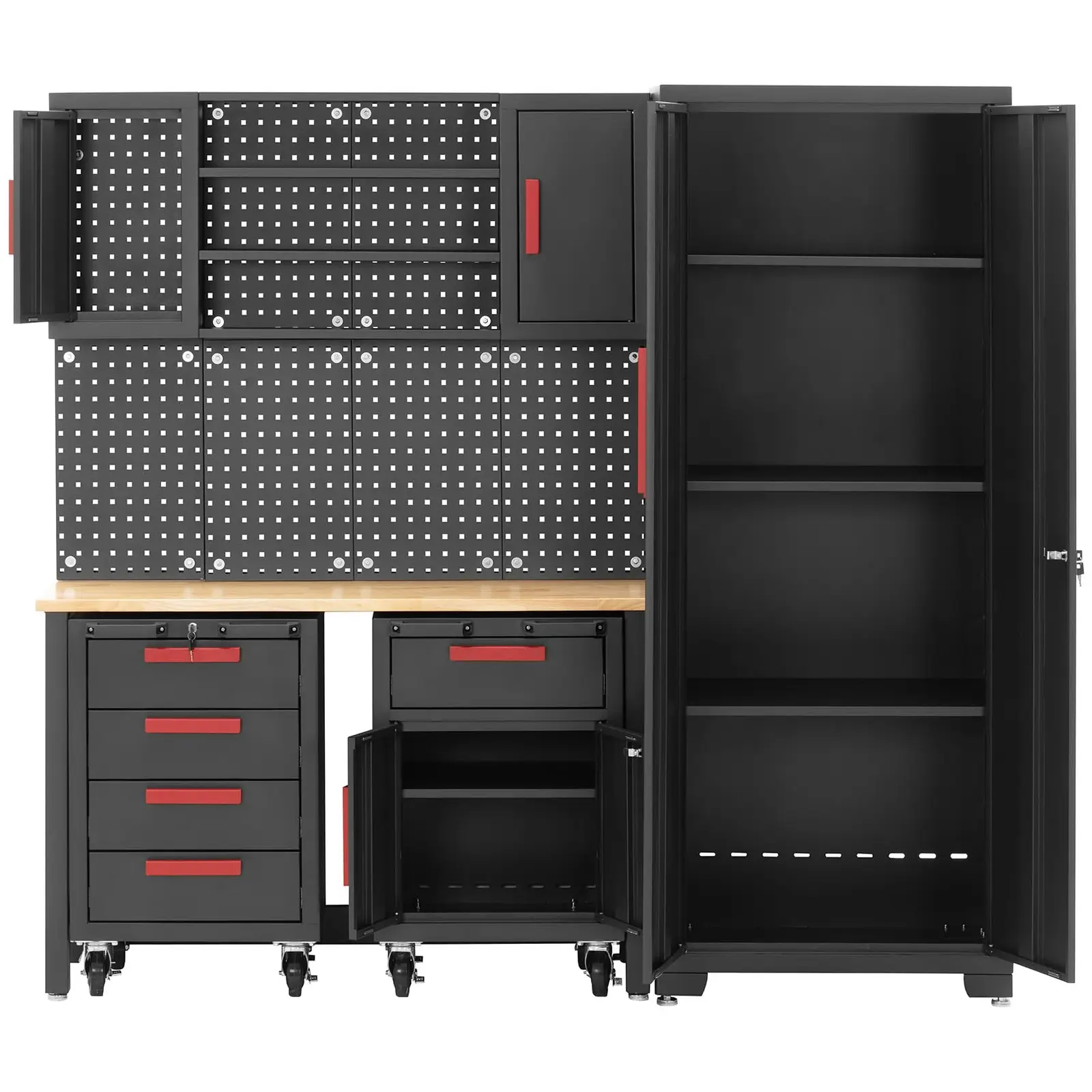 Armoire de garage - modulable - plan de travail de 132 x 42,7 x 2,5 cm - paroi perforée - 2 chariots à roulettes - verrouillable (Charge max.: 200 kg)