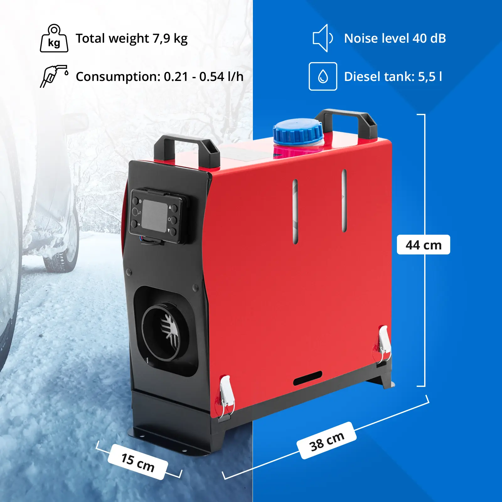 Încălzitor auxiliar diesel - 12 V - 8 kW - rezervor 5,5 l (Telecomandă: Da)