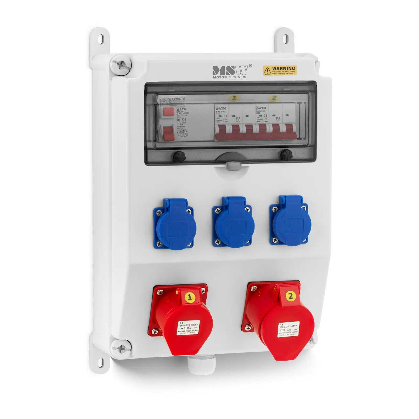 Power Distributor - 3 earthed sockets - 2 CEE sockets - RCD - 2 miniature circuit breakers