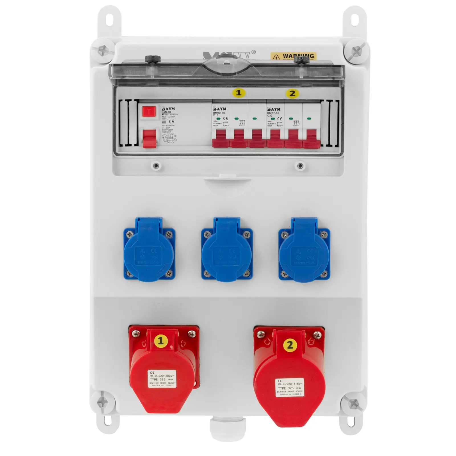 Distribuitor de energie - 3 prize cu împământare - 2 prize CEE - RCD - 2 întrerupătoare miniatură