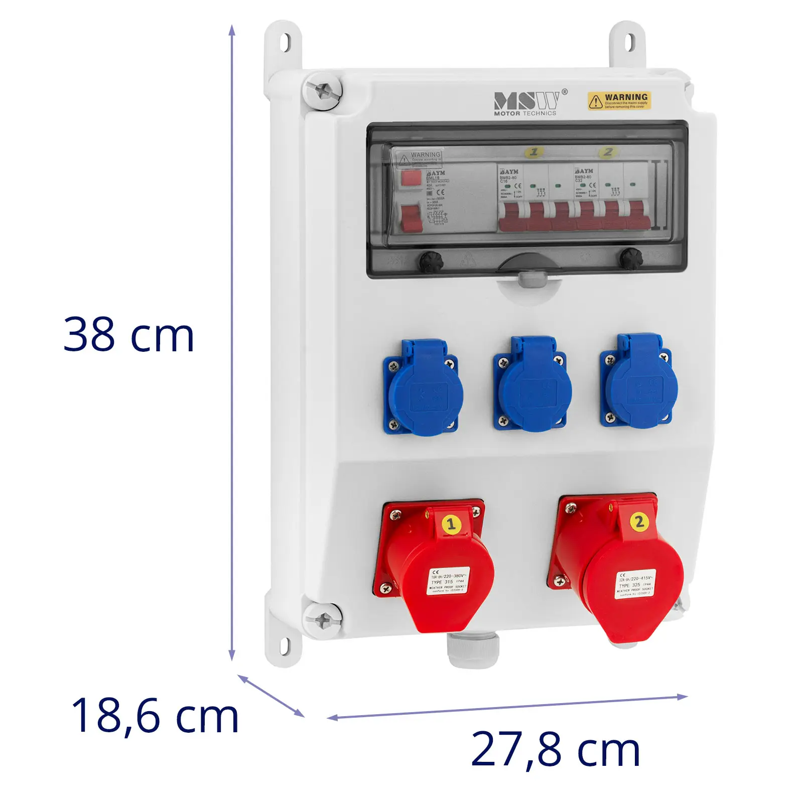 Rozdzielnica elektryczna - 3 gniazda Schuko - 2 gniazda CEE - wyłącznik różnicowoprądowy - 2 wyłączniki instalacyjne