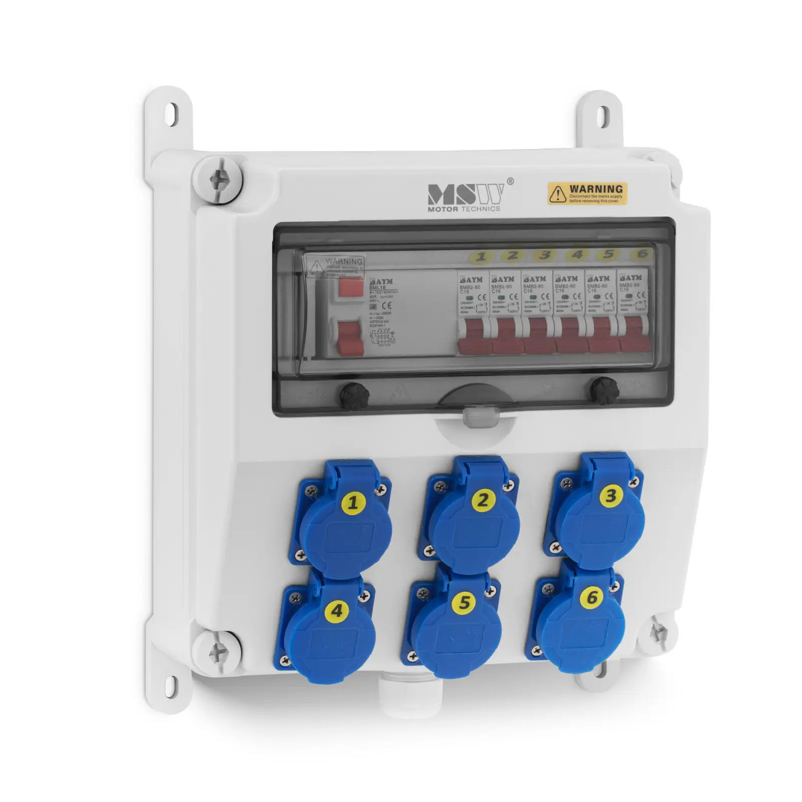 Power Distributor - 6 earthed sockets - RCD fuse - 6 circuit breakers