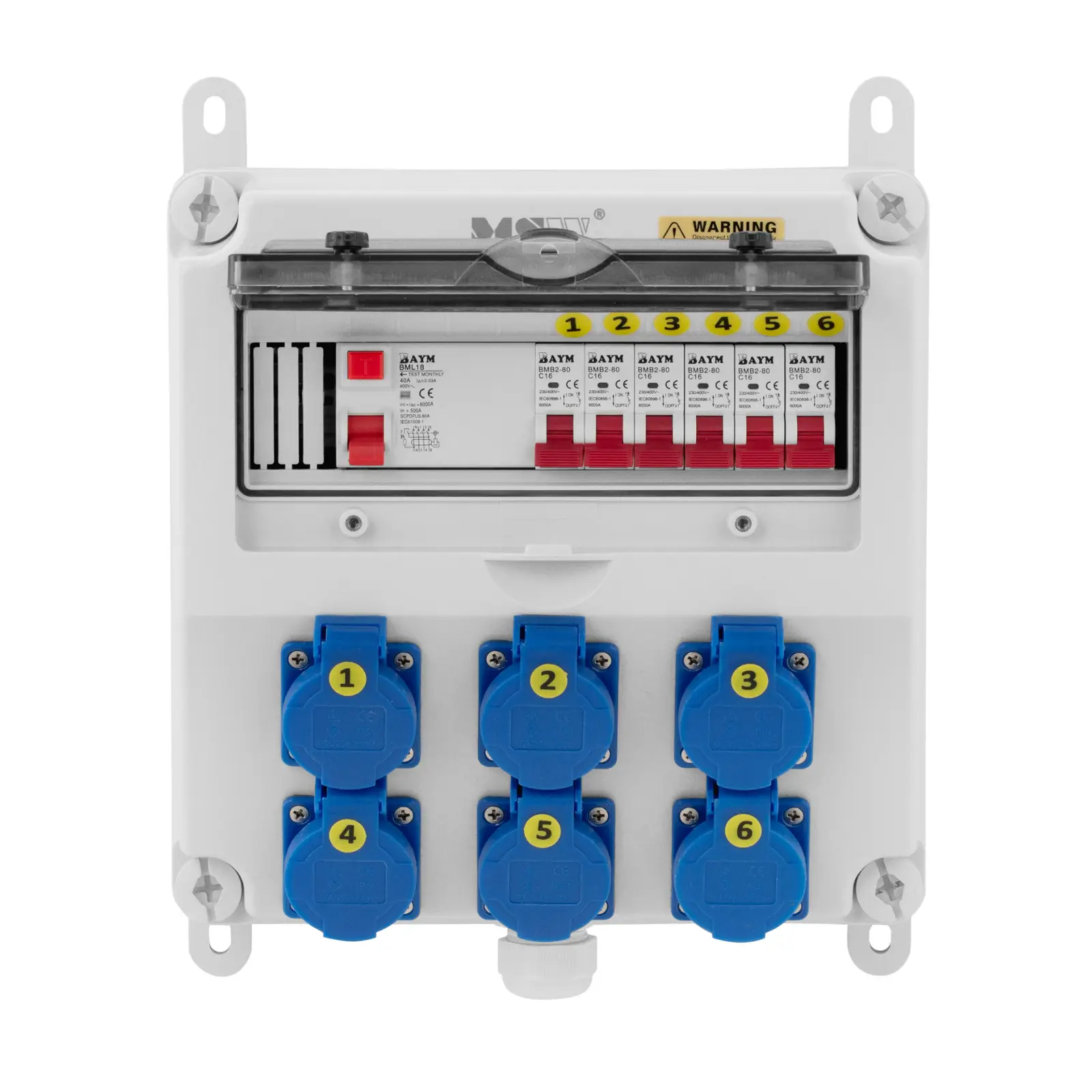 Power Distributor - 6 earthed sockets - RCD fuse - 6 circuit breakers