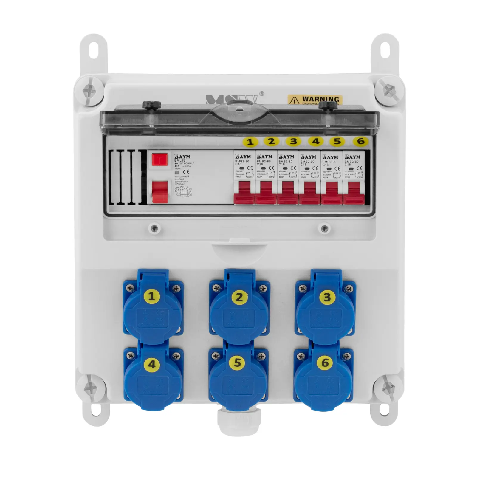 Stroomverdeler - 6 Schuko-stopcontacten - FI-zekering - 6 stroomonderbrekers