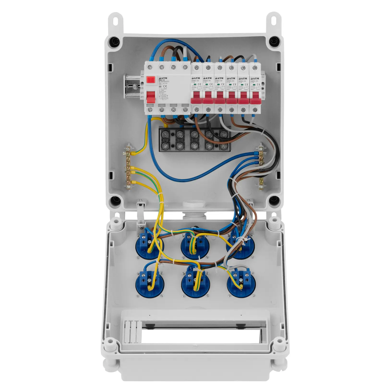 Rozdzielnica elektryczna - 6 gniazd Schuko - wyłącznik różnicowoprądowy - 6 wyłączników instalacyjnych