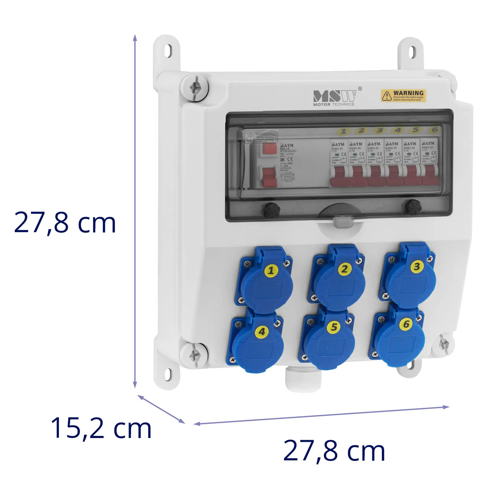 Power Distributor - 6 earthed sockets - RCD fuse - 6 circuit breakers