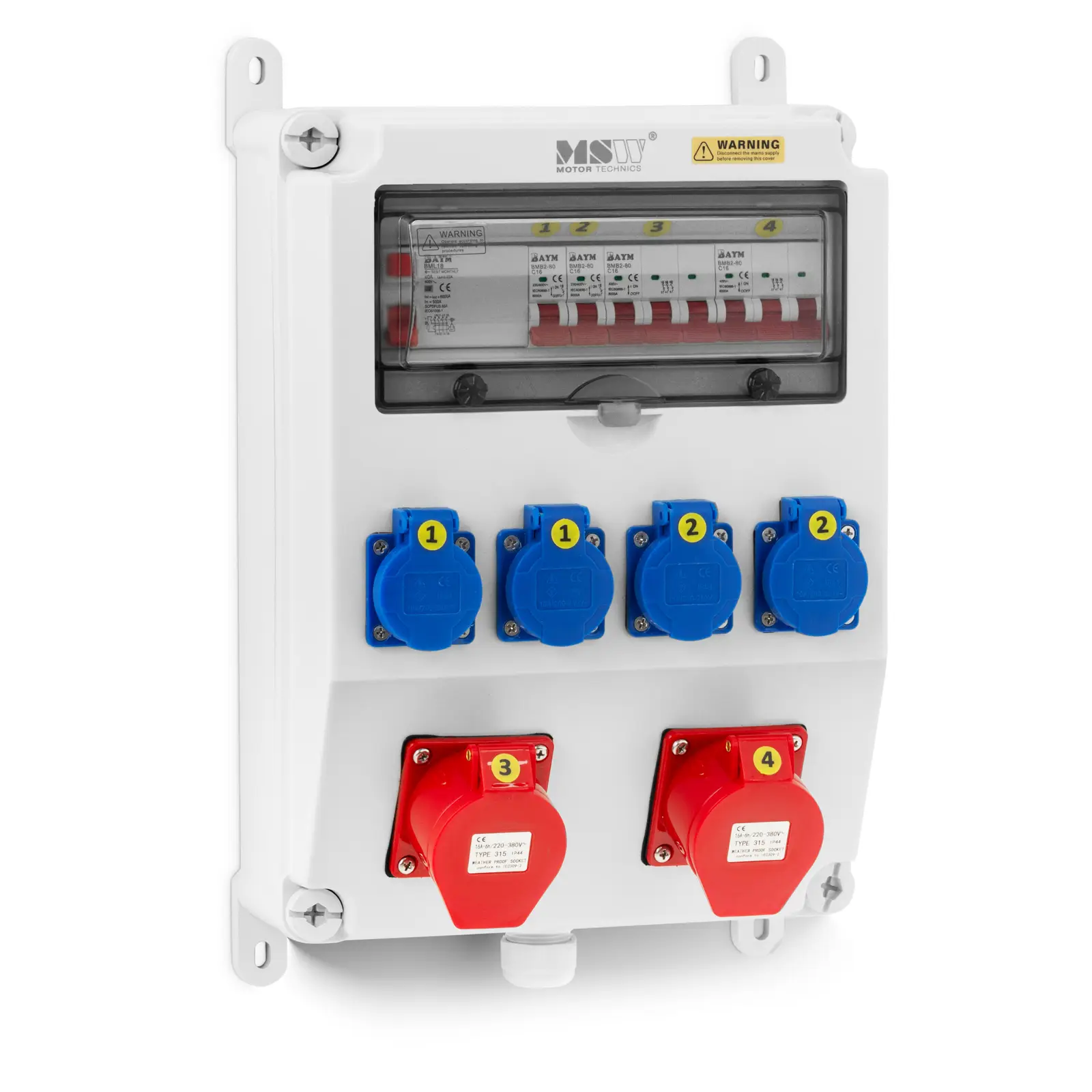 Distribuidor de corriente - 4 enchufes Schuko - 2 tomas CEE - RCD - 4 disyuntores