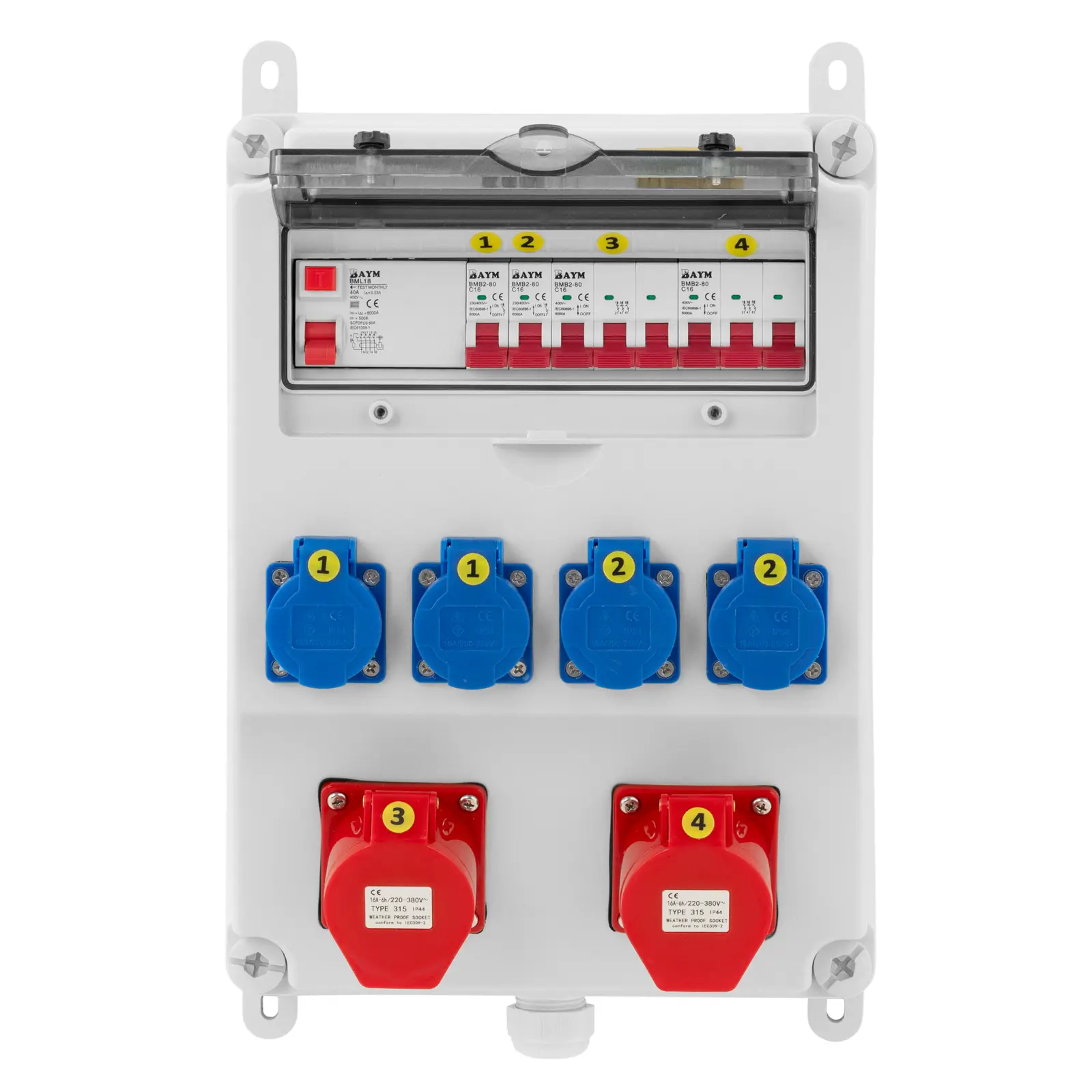 Byggcentral - 4 Schuko-uttag - 2 CEE-uttag - FI-skyddsbrytare - 4 dvärgbrytare