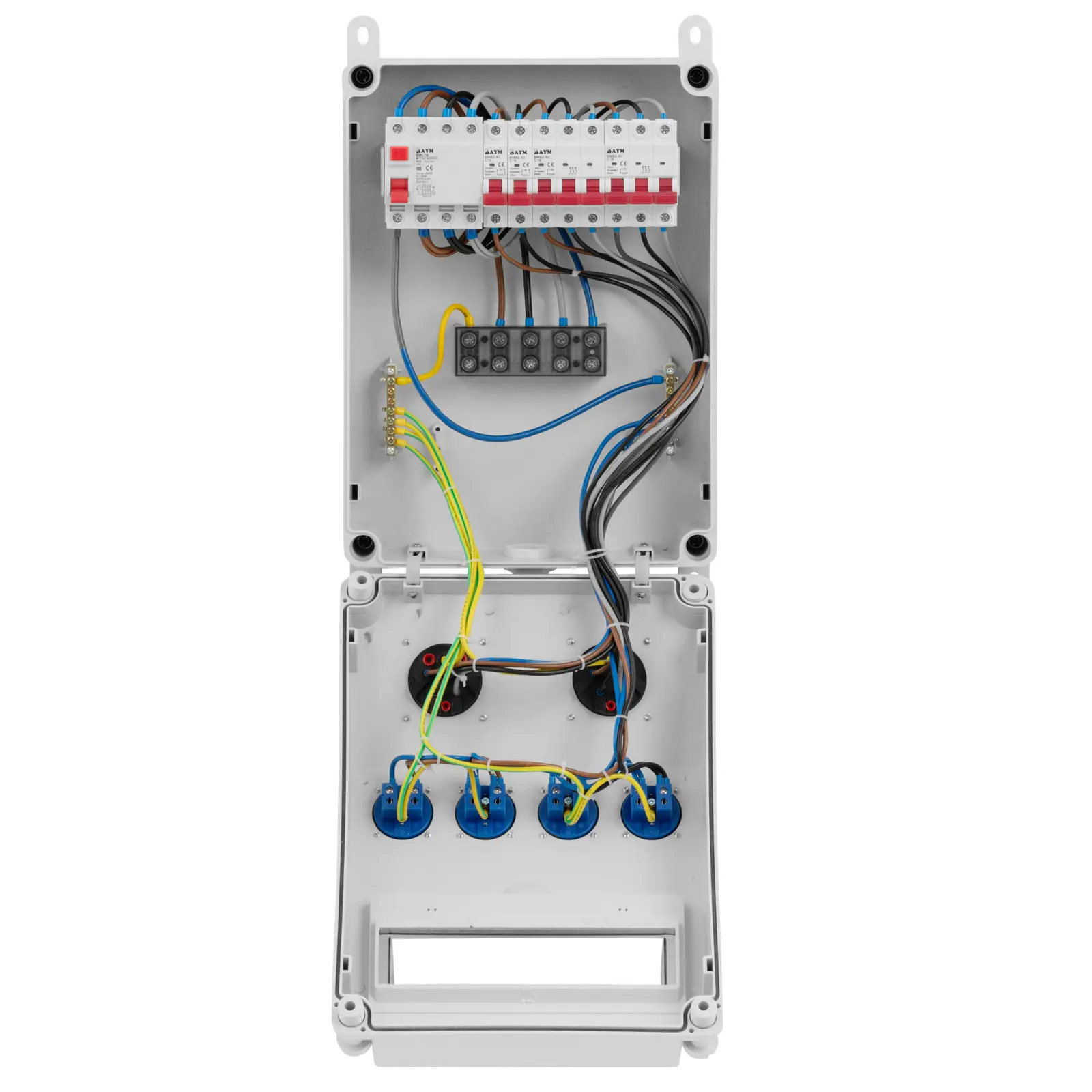 Rozdzielnica elektryczna - 4 gniazda Schuko - 2 gniazda CEE - wyłącznik różnicowoprądowy - 4 wyłączniki instalacyjne