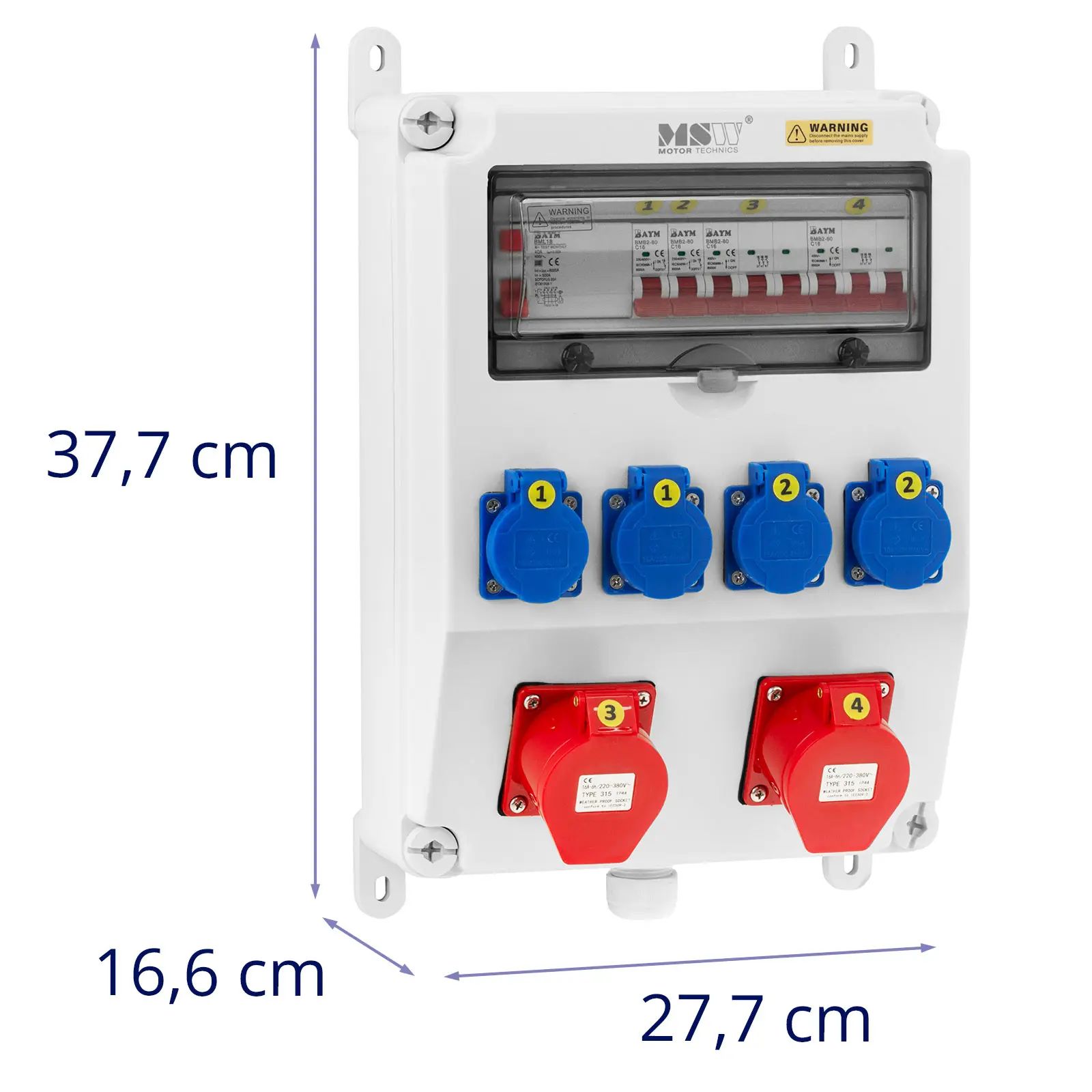 Distribuidor de corriente - 4 enchufes Schuko - 2 tomas CEE - RCD - 4 disyuntores