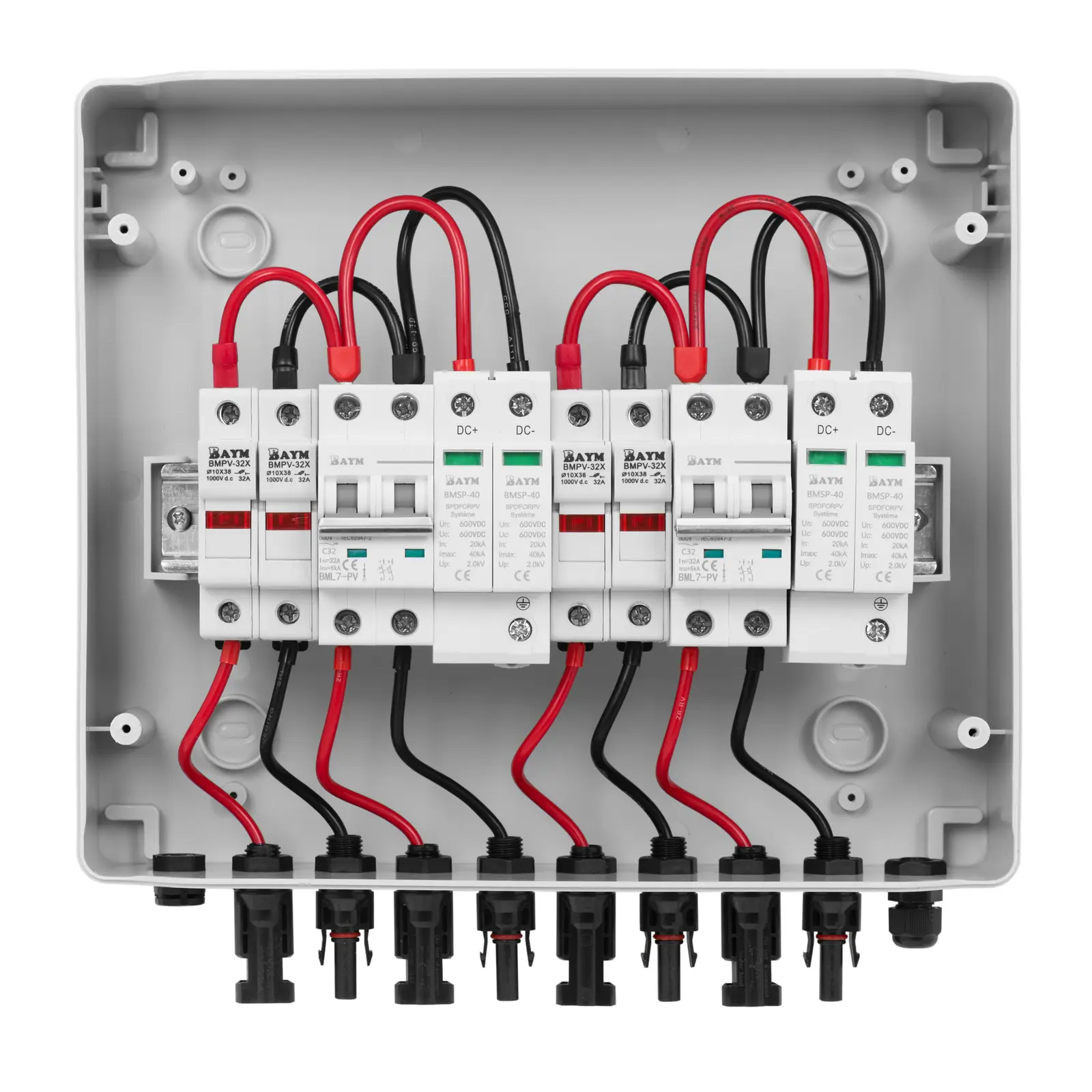 Anschlusskasten mit Überspannungsschutz für PV-Anlage - Typ 2 - 2 Eingänge / 2 Ausgänge - 1000 V - IP65