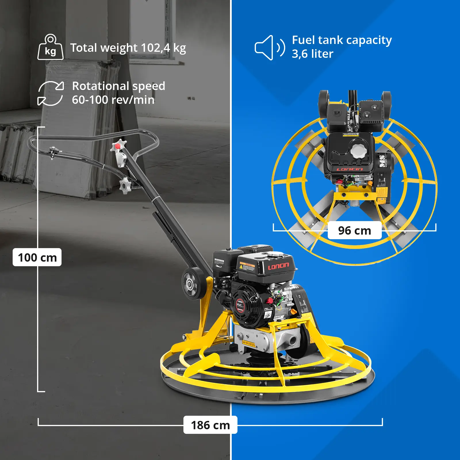 Talocheuse béton - 6,5 ch - de 60 à 100 tr/min (Capacité du réservoir de carburant: 0.6 l)