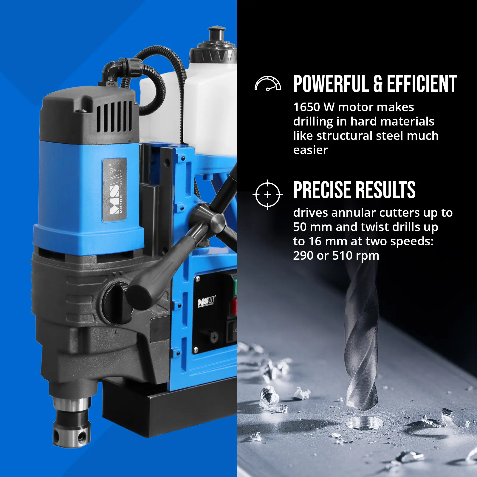 Magnetbohrmaschine - 1650 W - 290/510 U/min - Bohrdurchmesser max. 16/50 mm (Länge Kabel: 3.2 m)