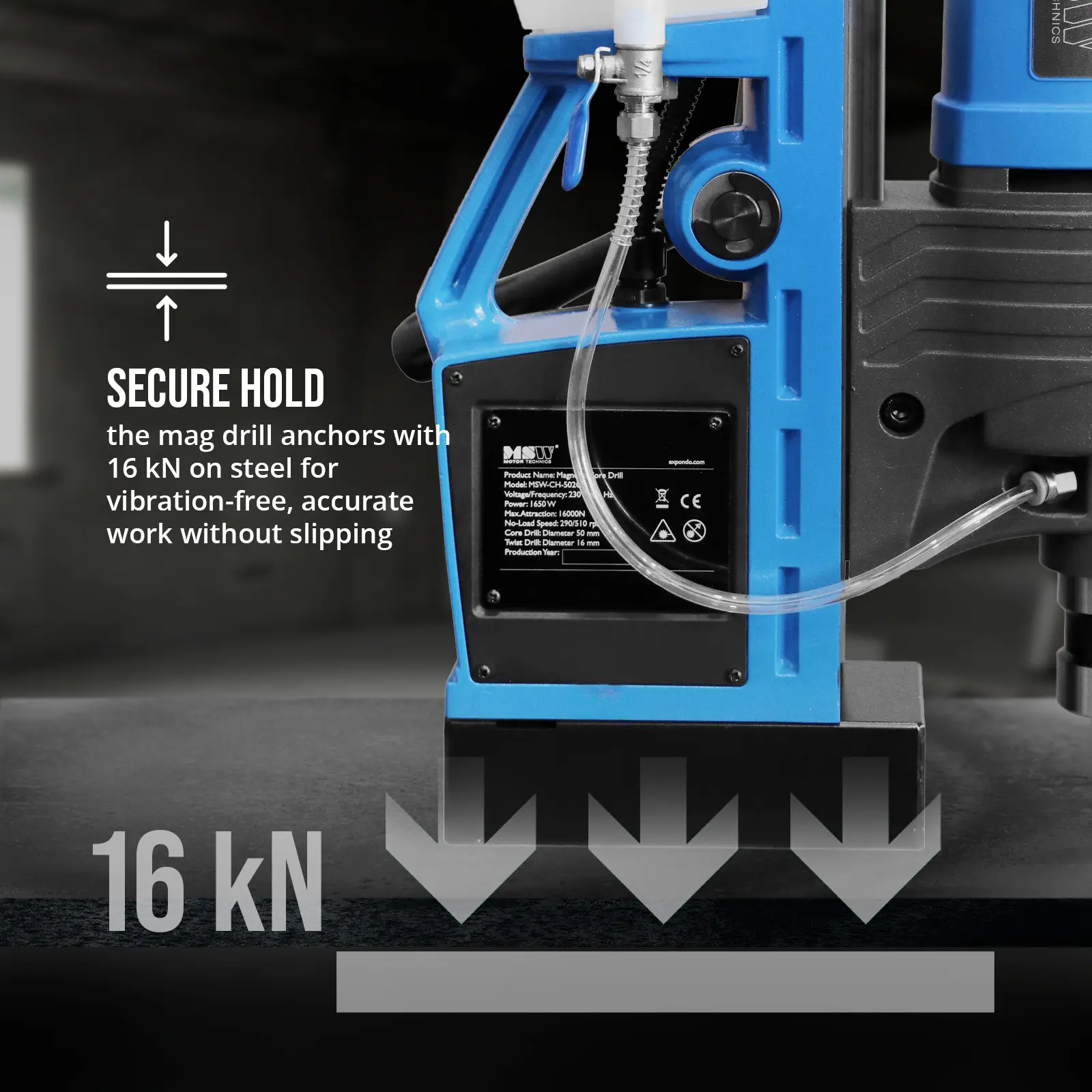 Magnetbohrmaschine - 1650 W - 290/510 U/min - Bohrdurchmesser max. 16/50 mm (Eingebaute Wasserwaage: Ja)