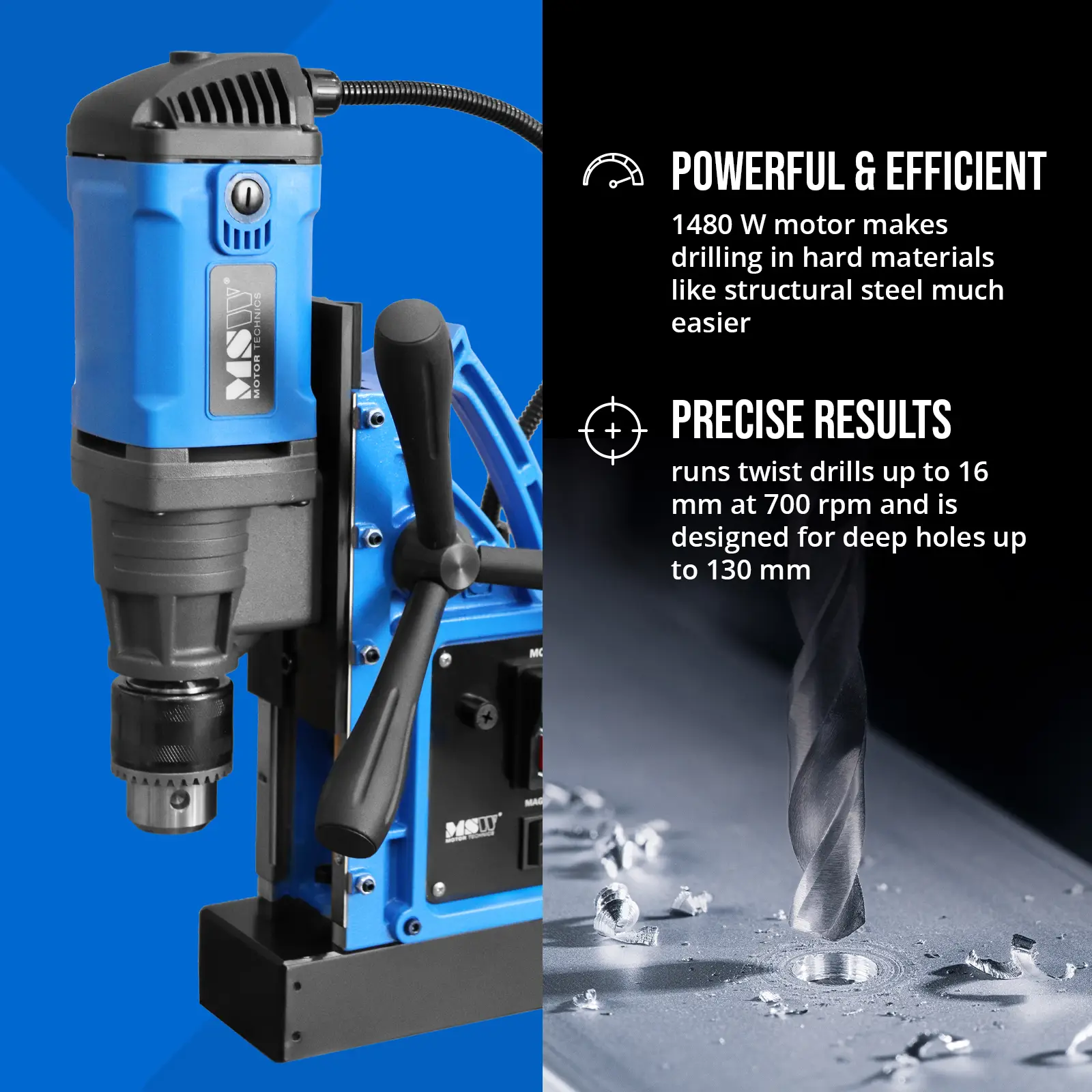 Mágneses fúrógép - 1480 W - 700 rpm - Fúrási átmérő max. 16 mm (Kábel hossza: 3.2 m)