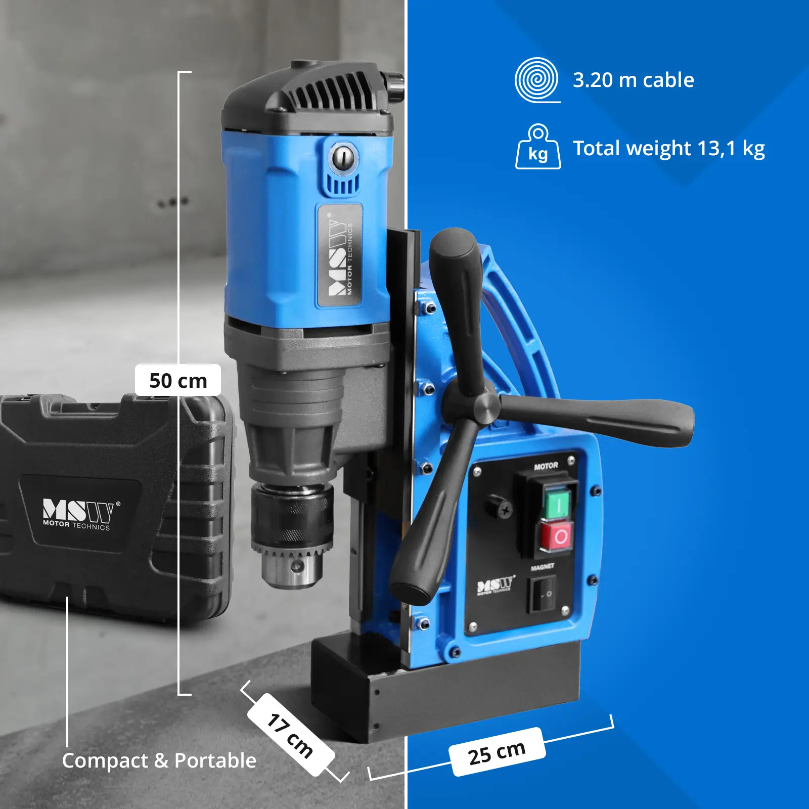 Mágneses fúrógép - 1480 W - 700 rpm - Fúrási átmérő max. 16 mm (Beépített szint: Igen)