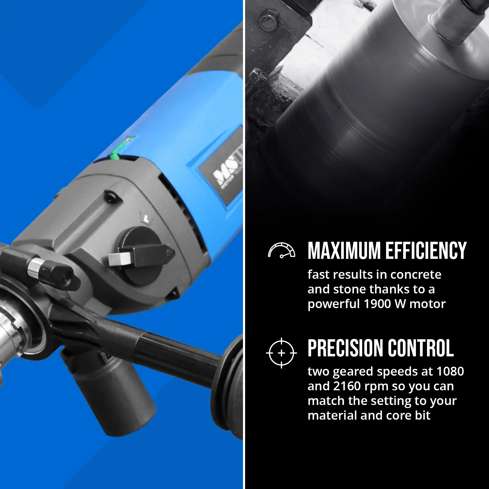 Diamond Core Drill - 1900 W - up to 2160 rpm - 29,000 blows/min - max drilling diameter 160 mm (Safety clutch: Yes)