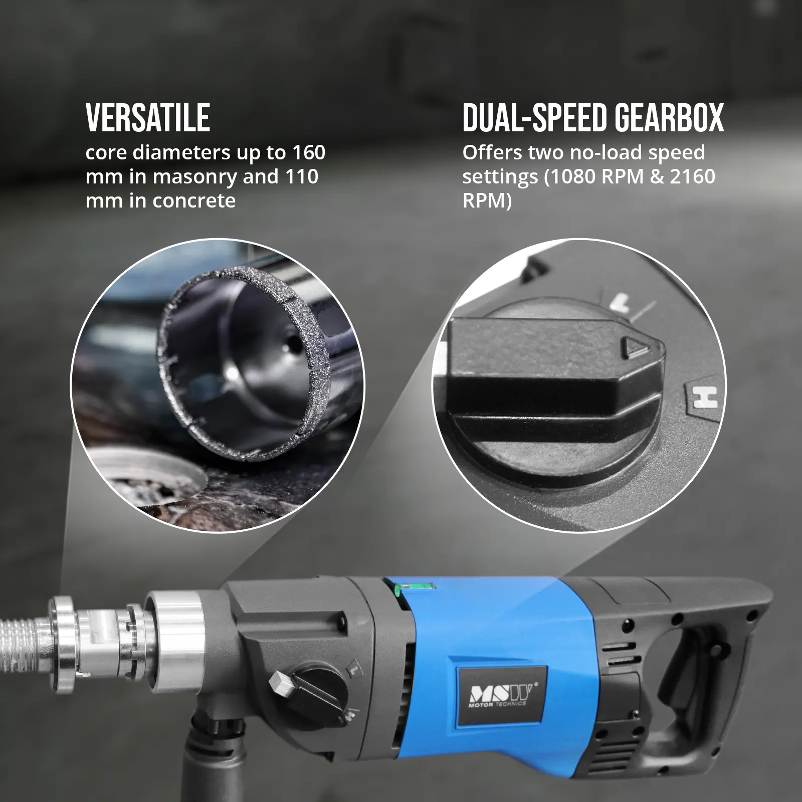 Diamond Core Drill - 1900 W - up to 2160 rpm - 29,000 blows/min - max drilling diameter 160 mm (Soft start: Yes)