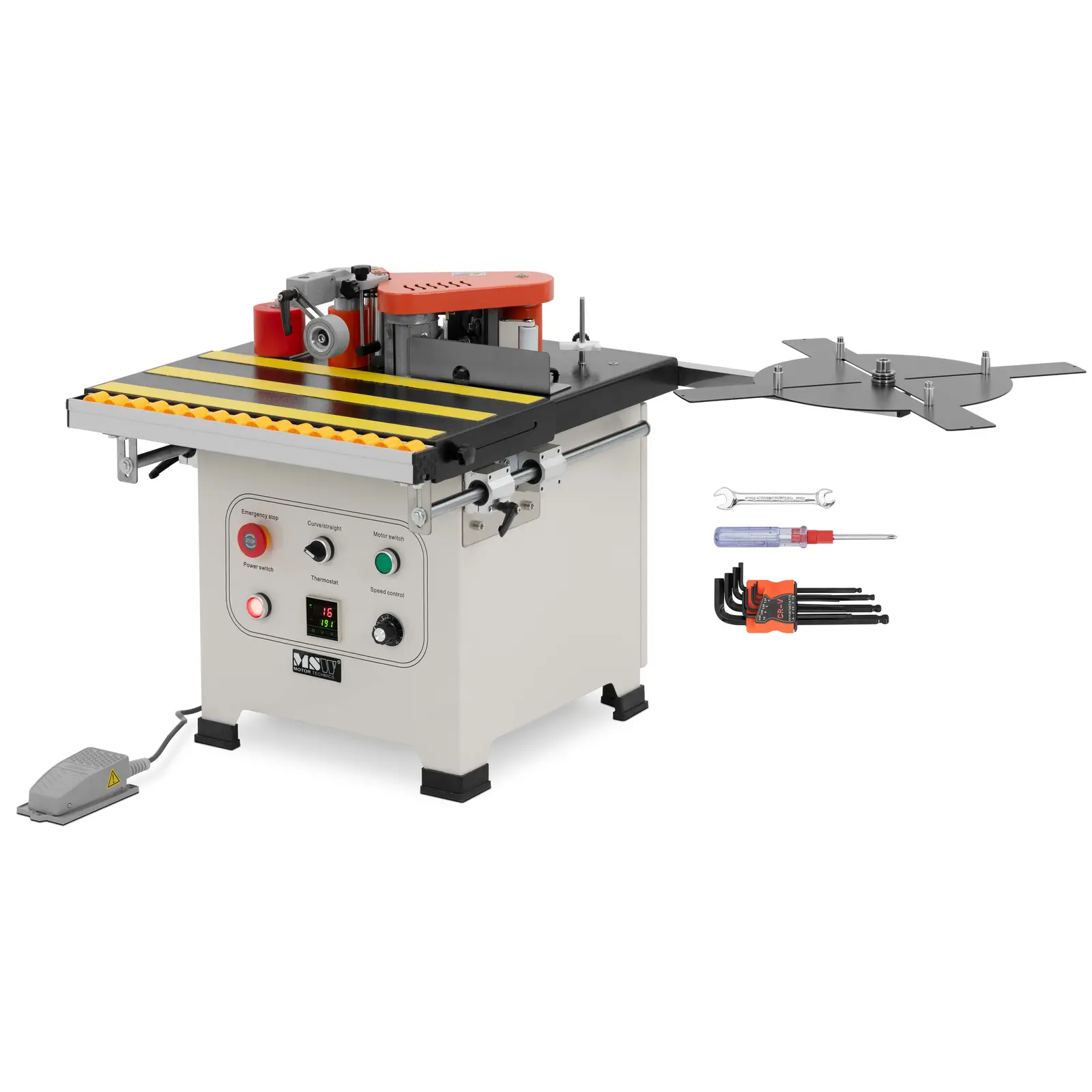Briaunų šlifuoklis - 850 W - 0,5-5 m/min pastūmos greitis - 120-200 °C - lenktas / tiesus