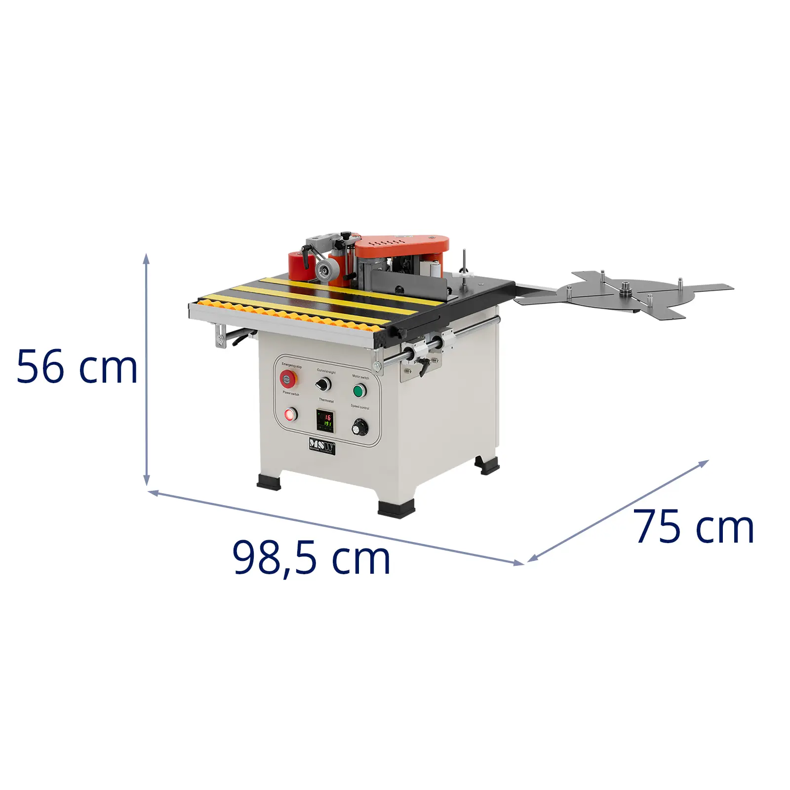 Olepovačka hran - 850 W - rychlost posuvu 0,5 až 5 m/min - 120 až 200 °C - zakřivené / rovné hrany (Materiál: Guma)