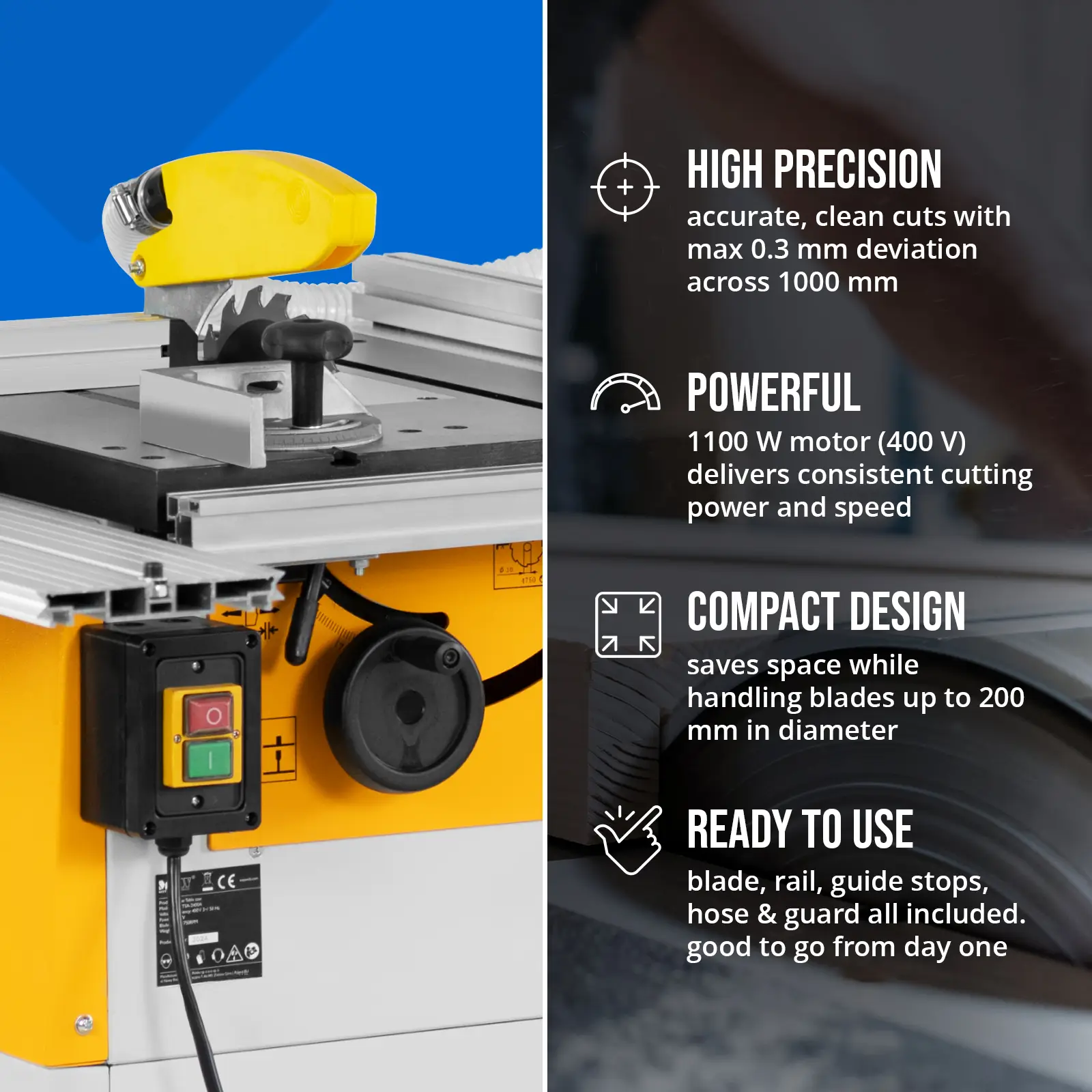 Piła stołowa tarczowa - 1100 W - 400 V - tarcza 200 mm - do drewna (Długość prowadnicy: 1000 mm)