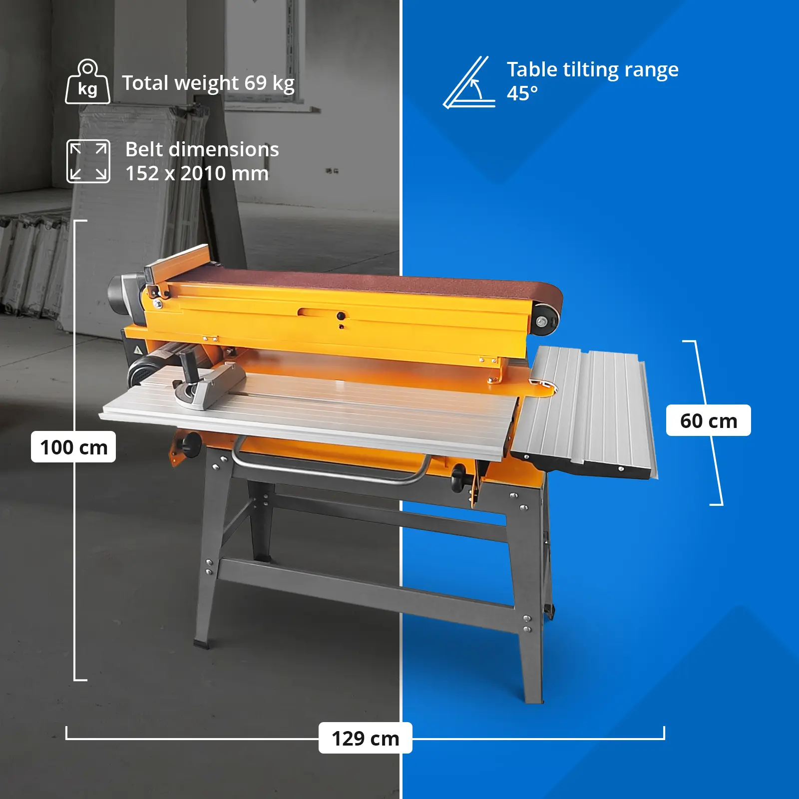 Szalagcsiszoló - 1100 W - dönthető csiszolókar - fa, fém, élek - elektromos (Kimeneti tömlő átmérője: 100 mm)