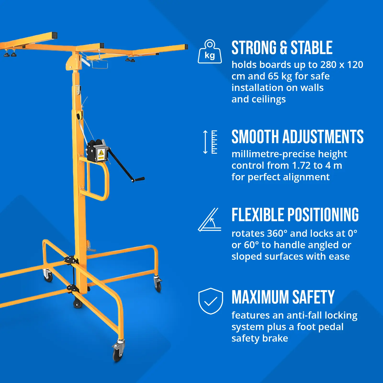 Ridicător pentru plăci de gips-carton - 65 kg - până la 4 m (Înclinabil: Da)