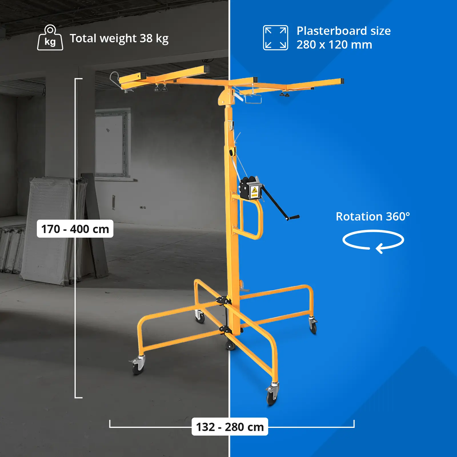 Ridicător pentru plăci de gips-carton - 65 kg - până la 4 m (Roți: Da)
