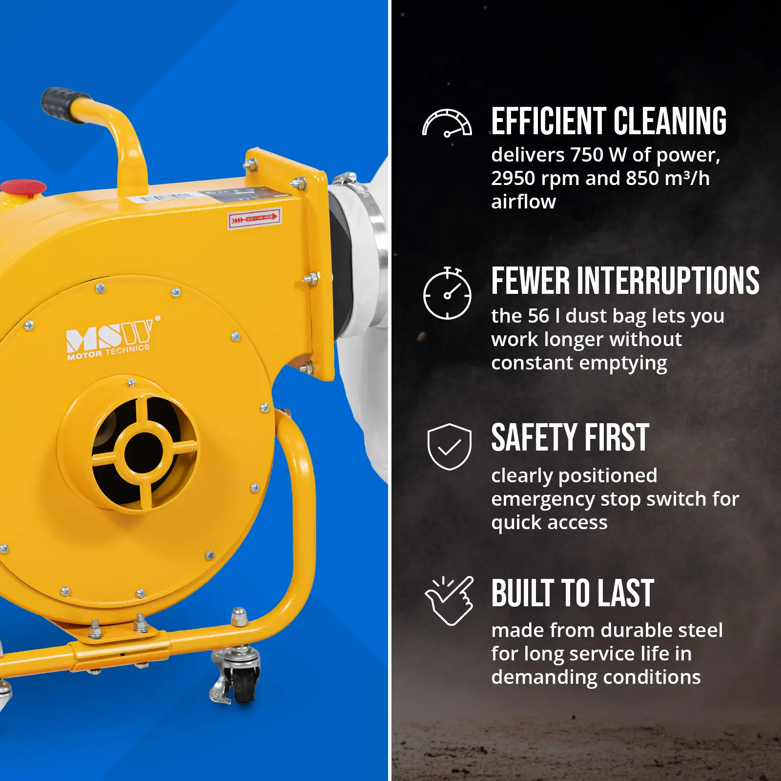 Sistem de aspirație mobil - 850 m³/h - 56 L  - pentru lemn (Debit: 850 m³/h)