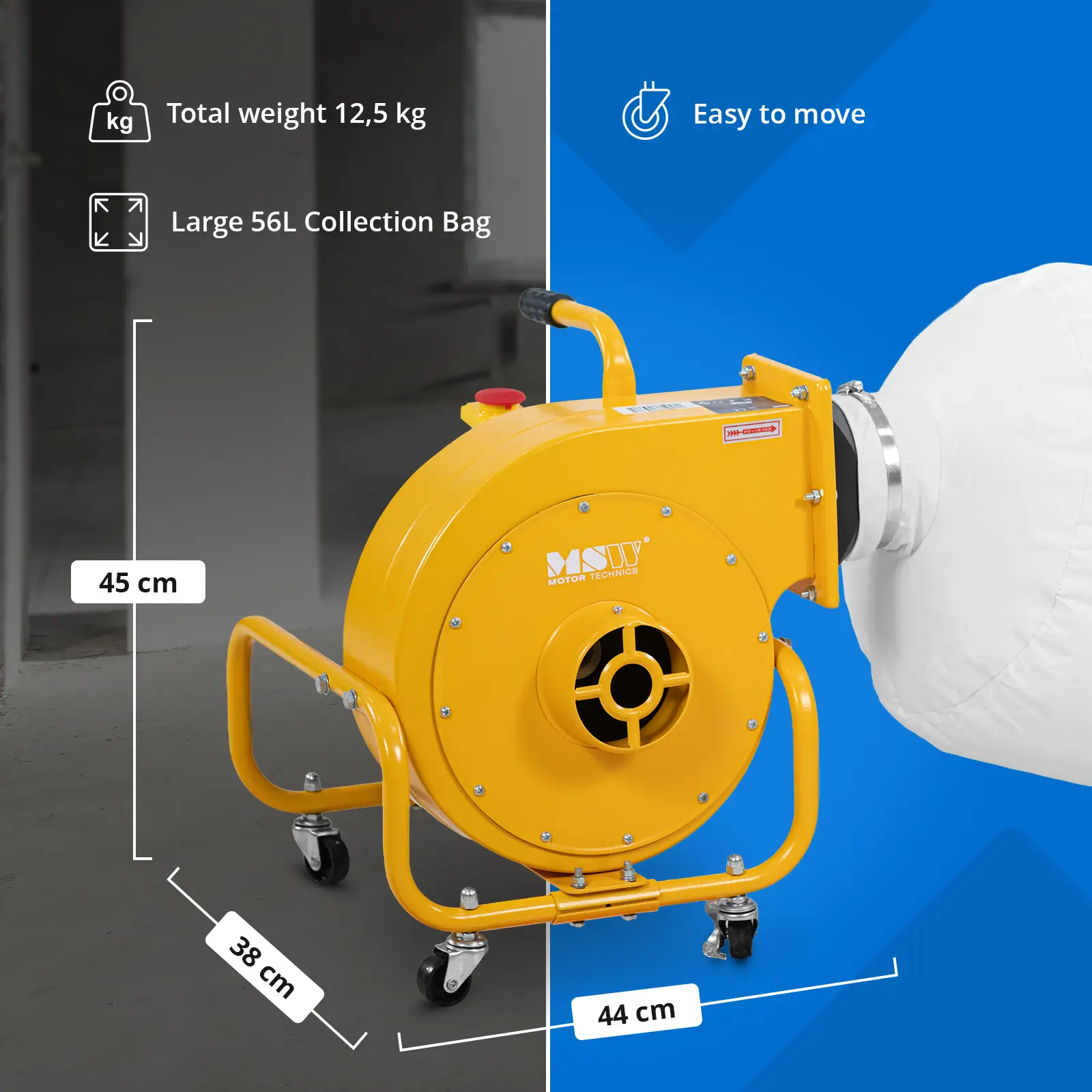 Sistem de aspirație mobil - 850 m³/h - 56 L  - pentru lemn (Capacitate sac: 56 l)