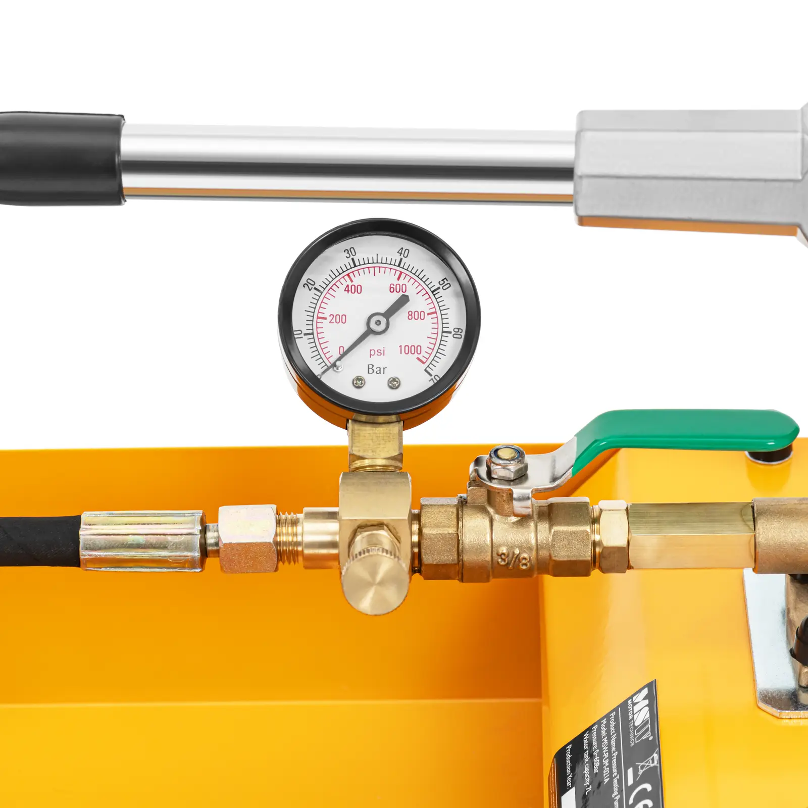 Zkušební tlaková pumpa - 60 bar - 2 ventily - 16 ml - nádrž na vodu: 7 l (Délka hadice: 110 cm)