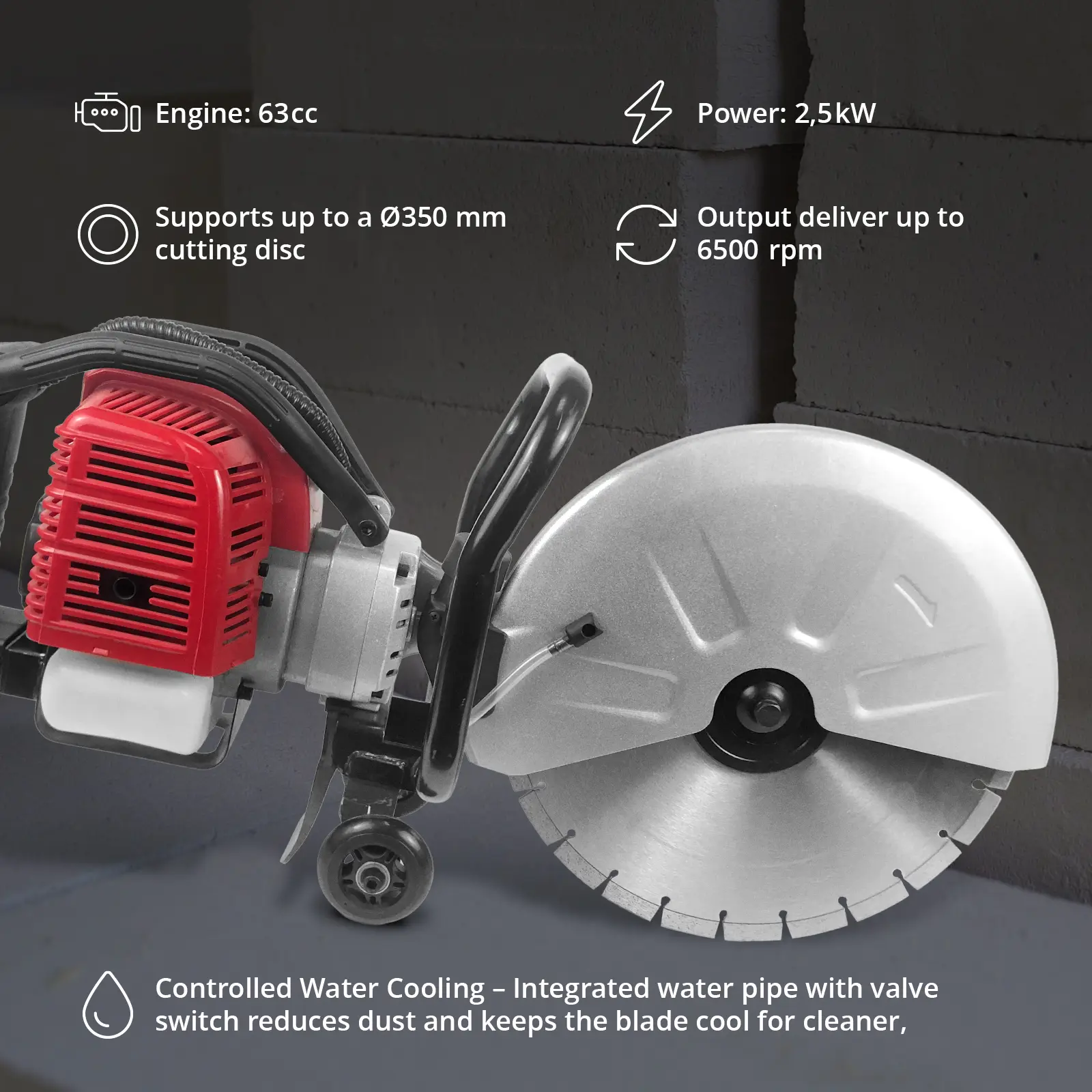Sierra de hormigón - gasolina - 2500 W - profundidad de corte 120 mm (Nivel de presión sonora: 108 dB)